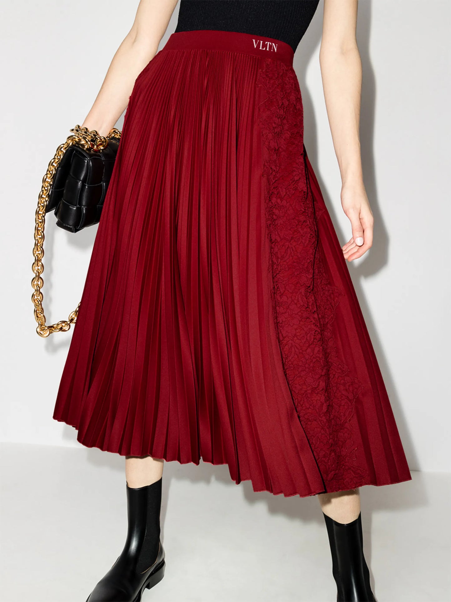 floral-lace pleated midi skirt
