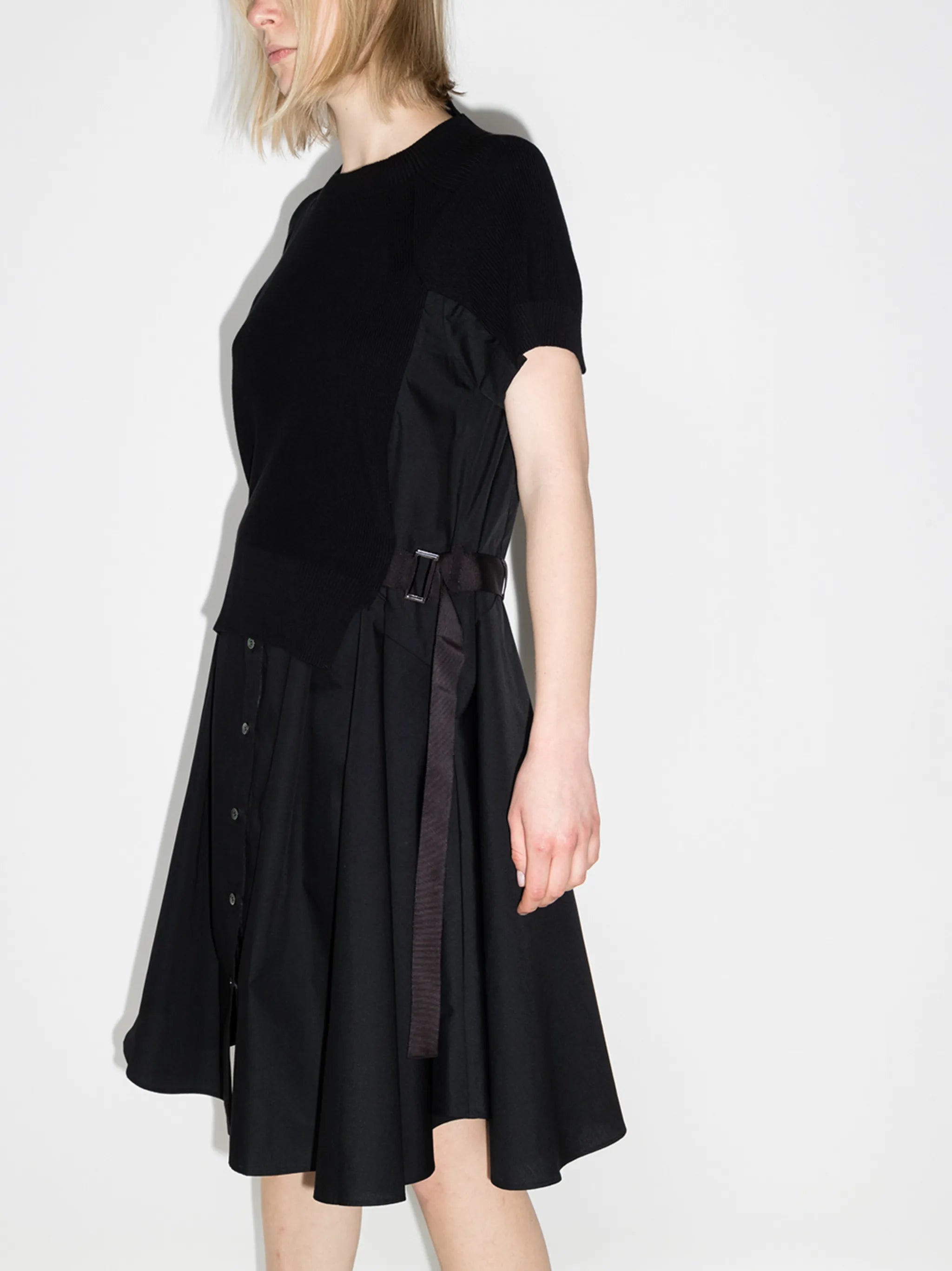 knit-overlay short-sleeve midi dress