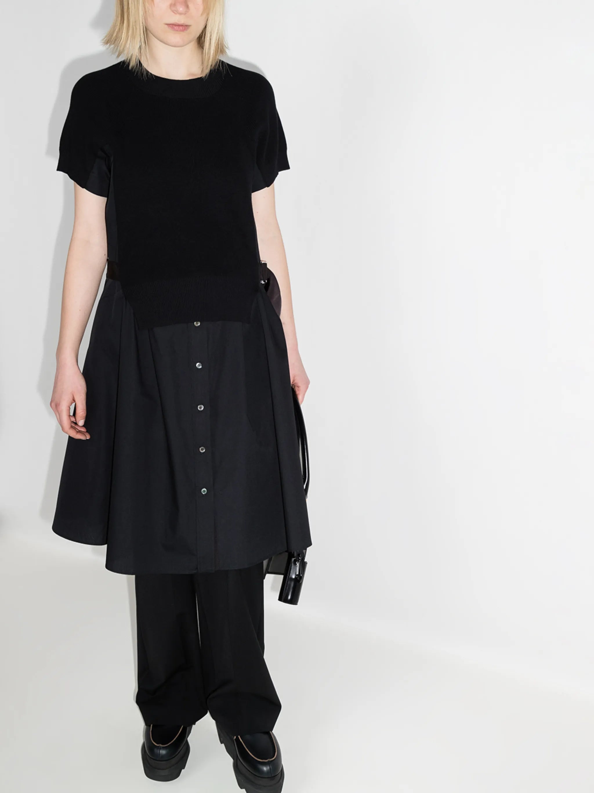 knit-overlay short-sleeve midi dress