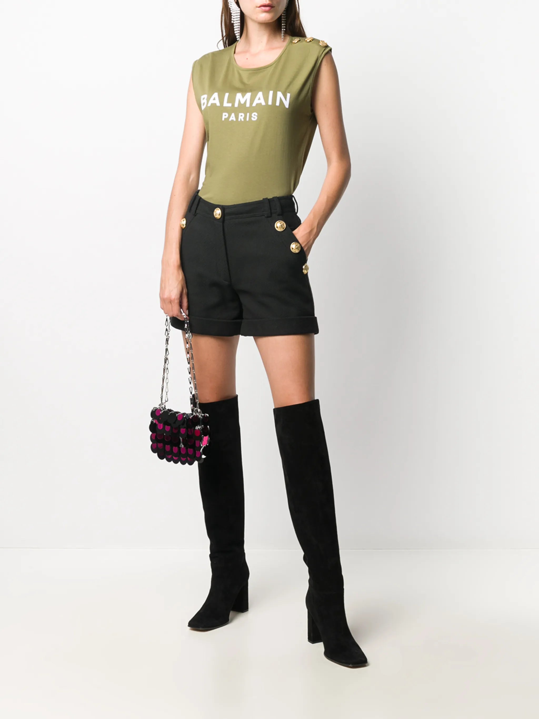 high-waisted logo-button shorts