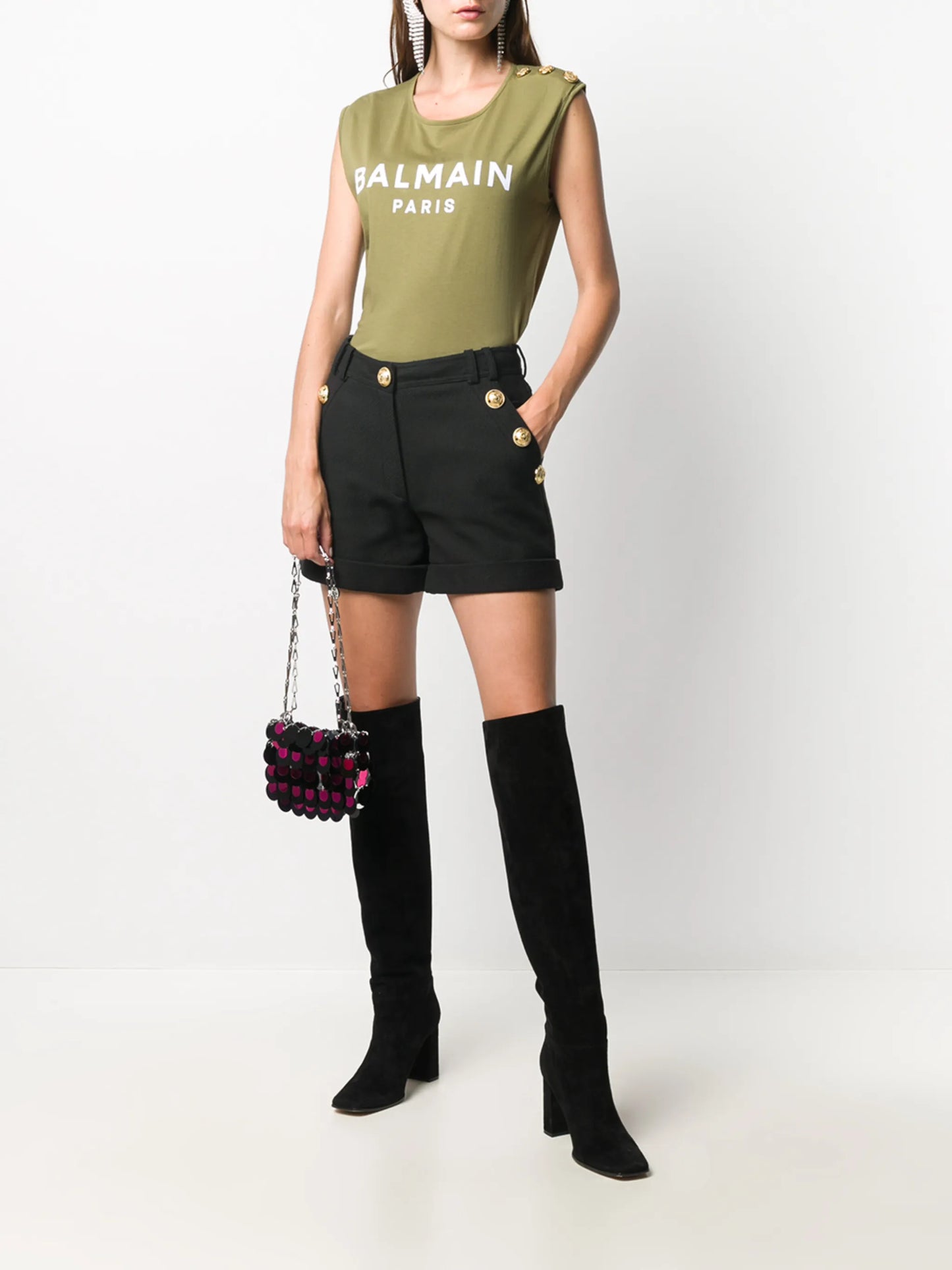 high-waisted logo-button shorts