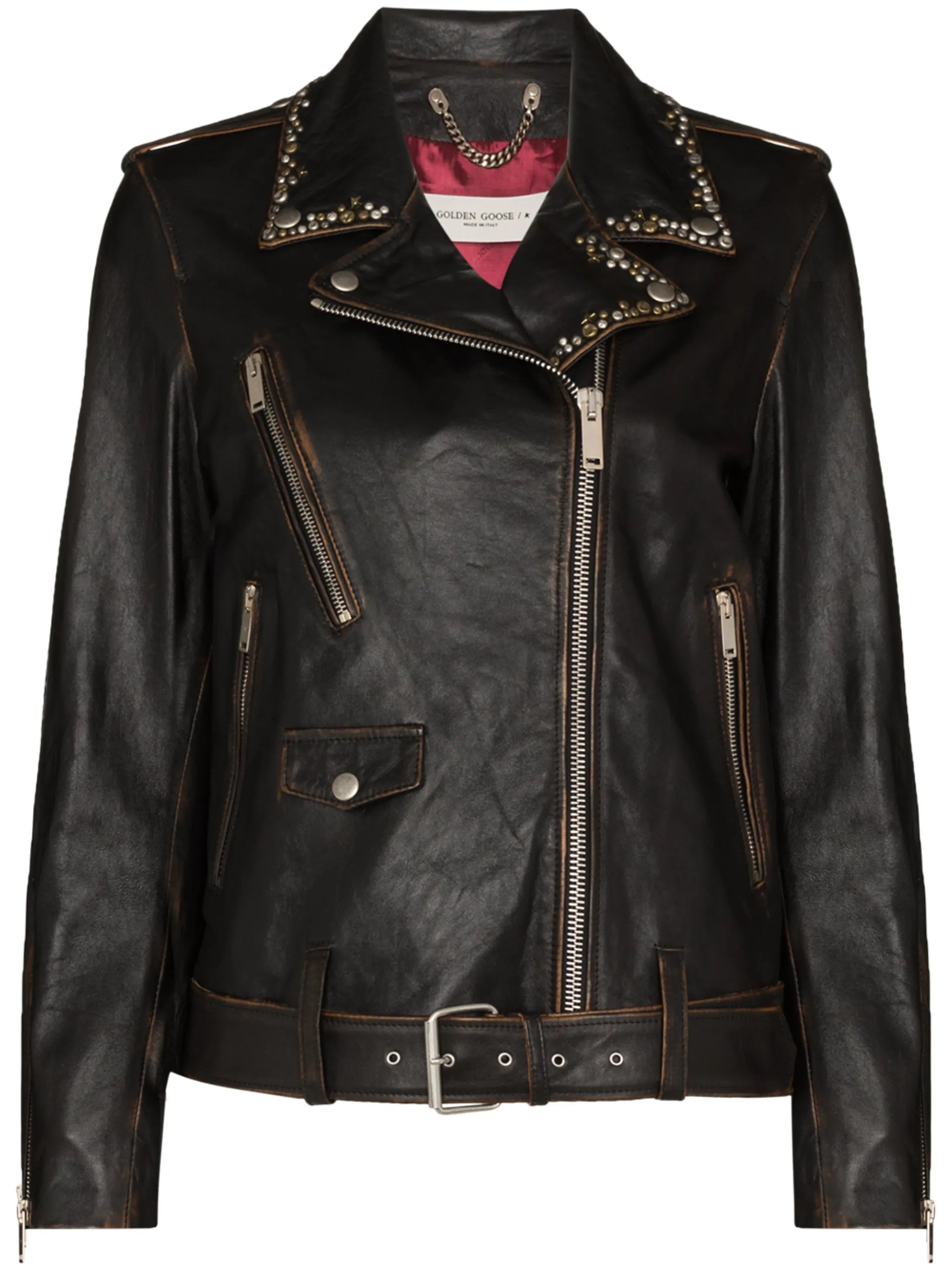 stud-embellished leather biker jacket