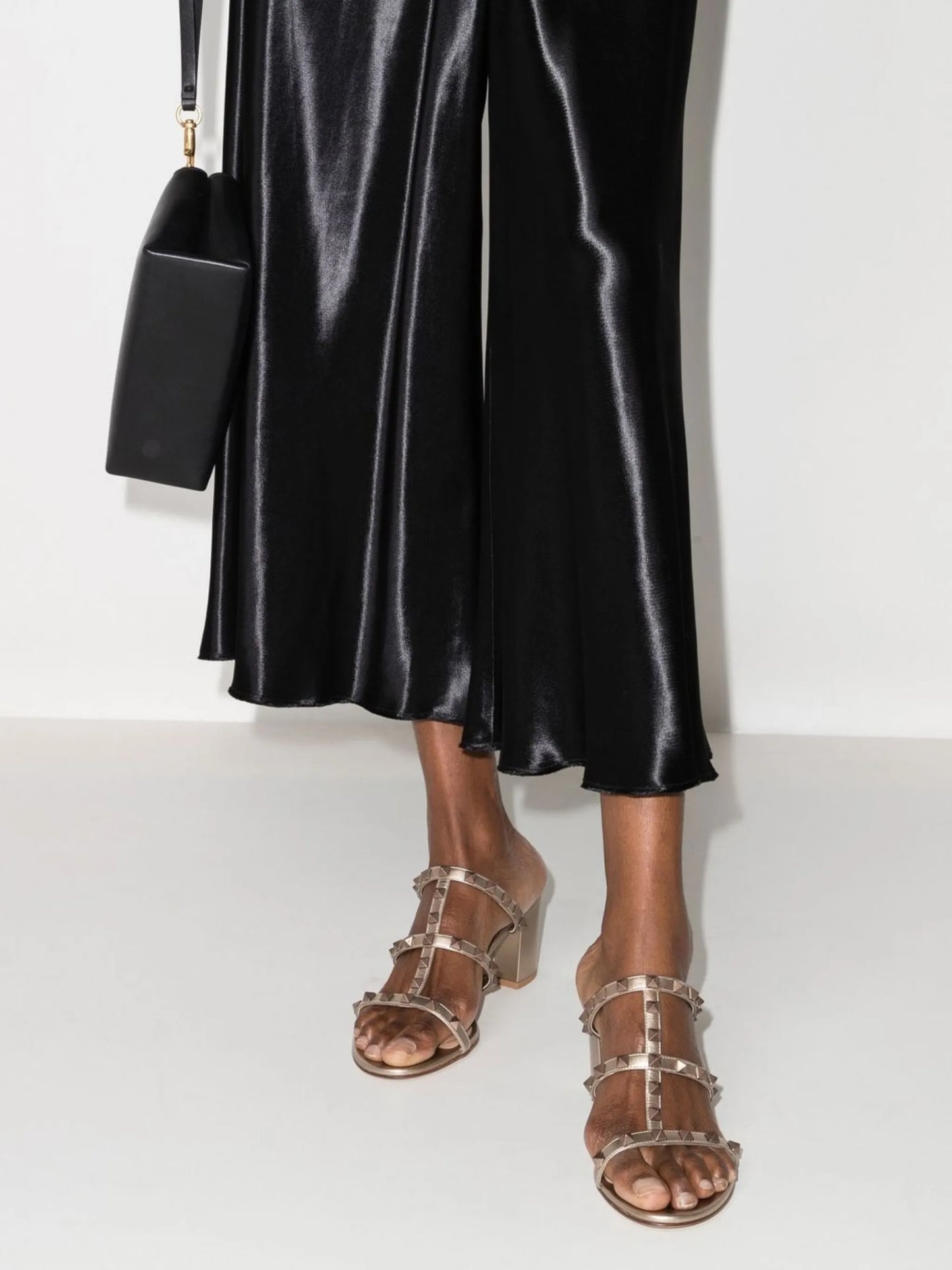 Rockstud metallic calfskin leather slide sandals 60 mm