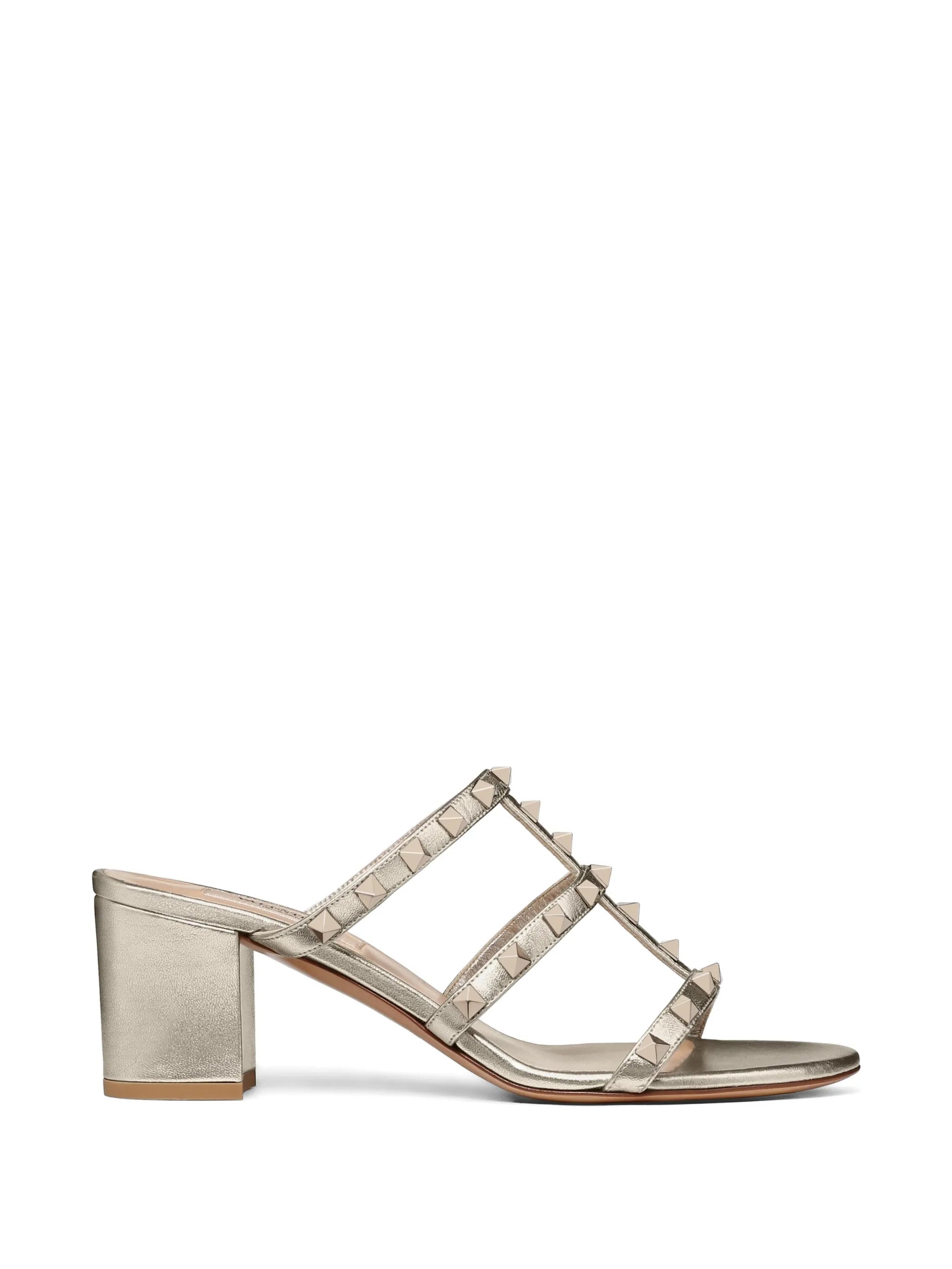 Rockstud metallic calfskin leather slide sandals 60 mm