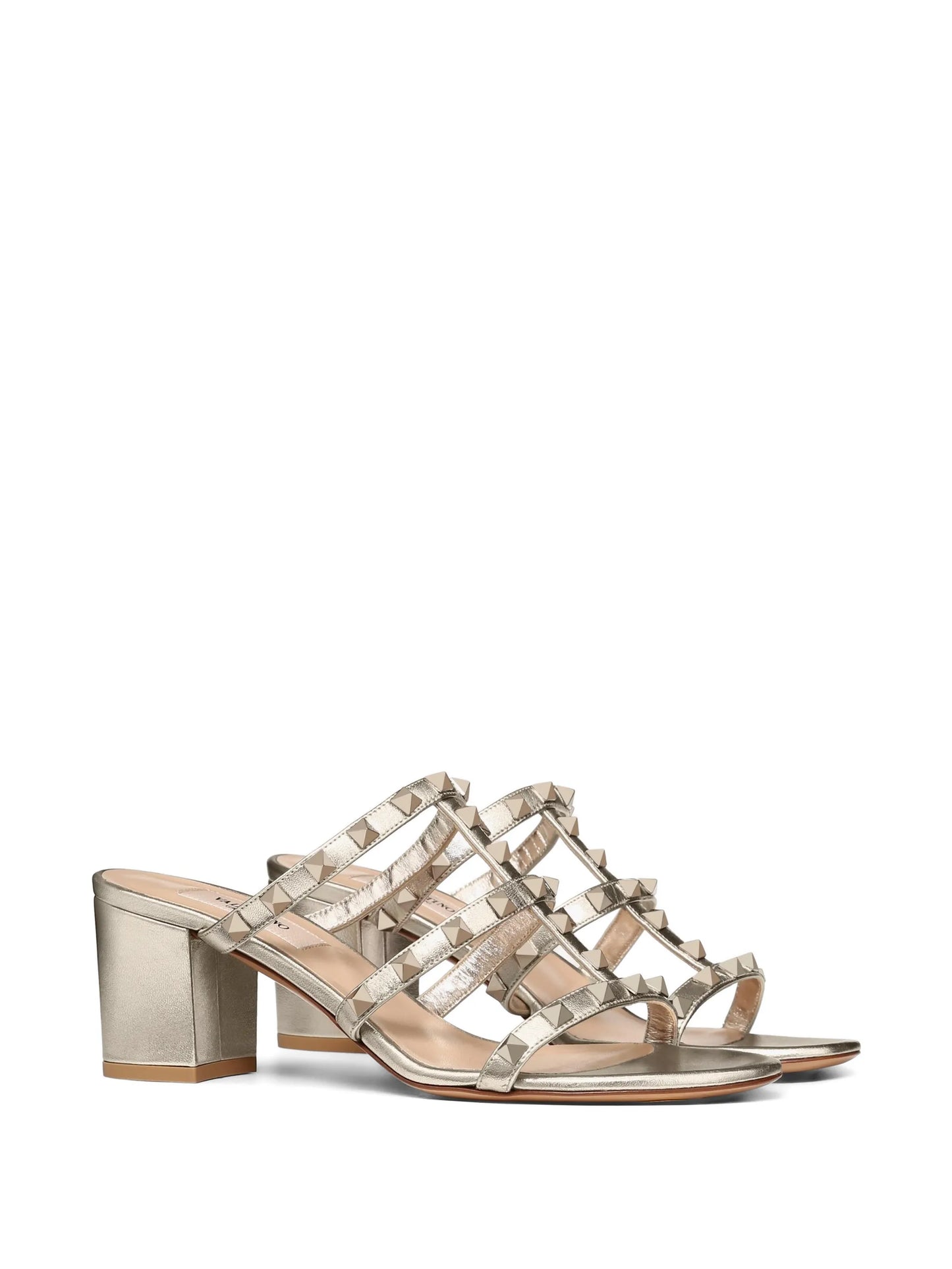 Rockstud metallic calfskin leather slide sandals 60 mm