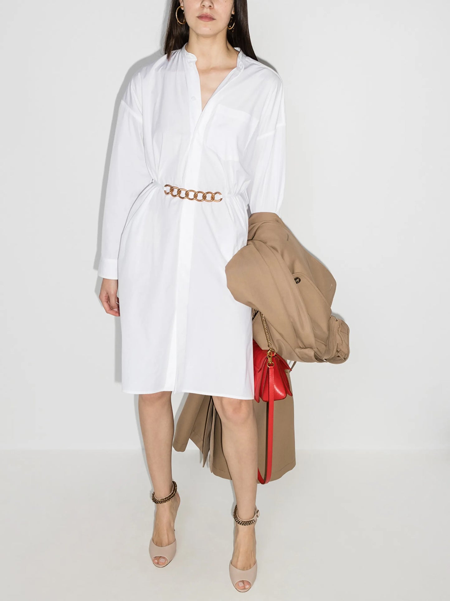chain-belt long-sleeve shirtdress