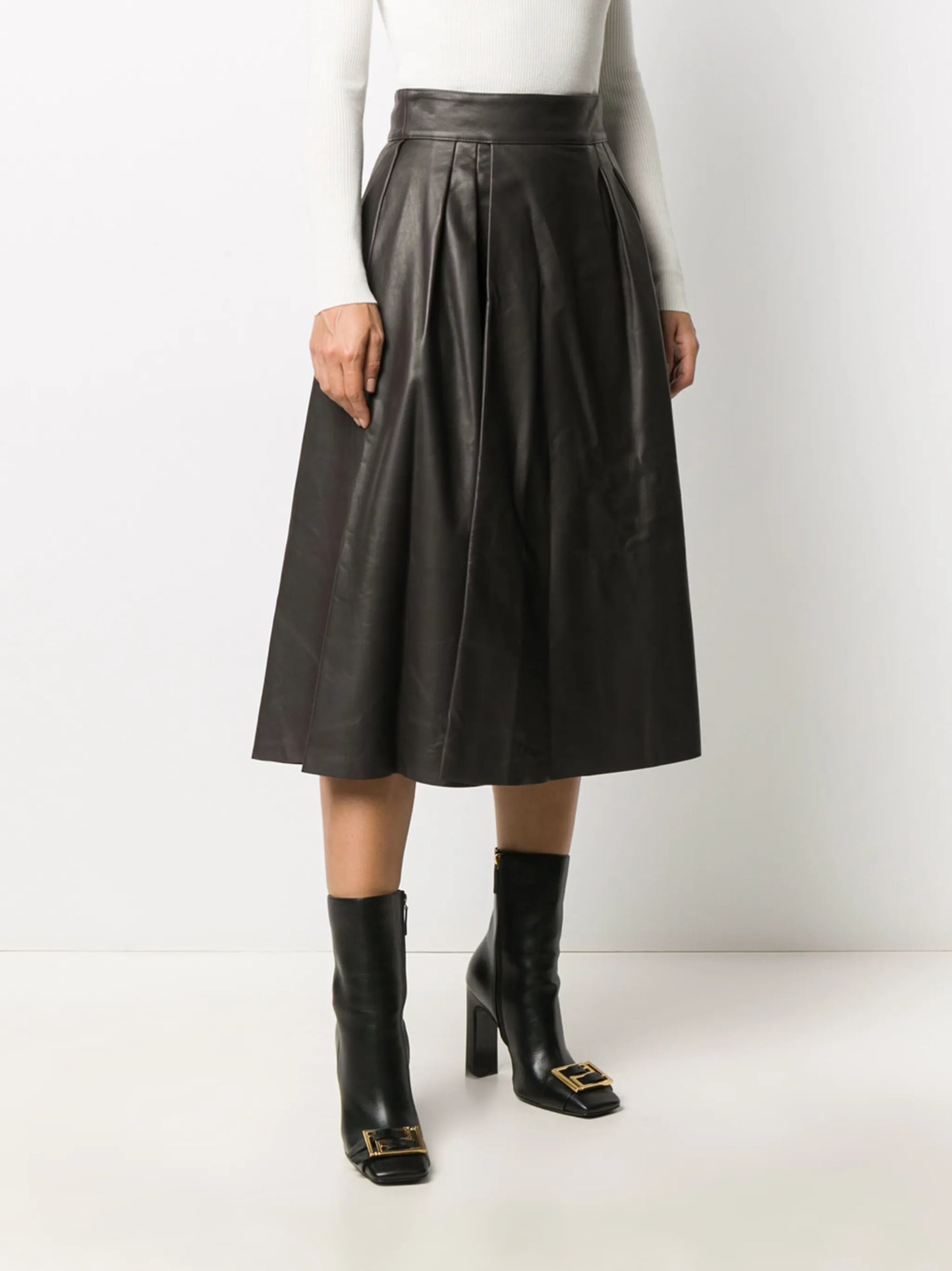 pleated leather midi skirt