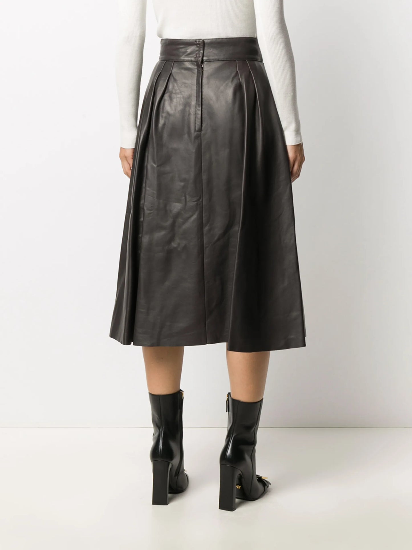 pleated leather midi skirt