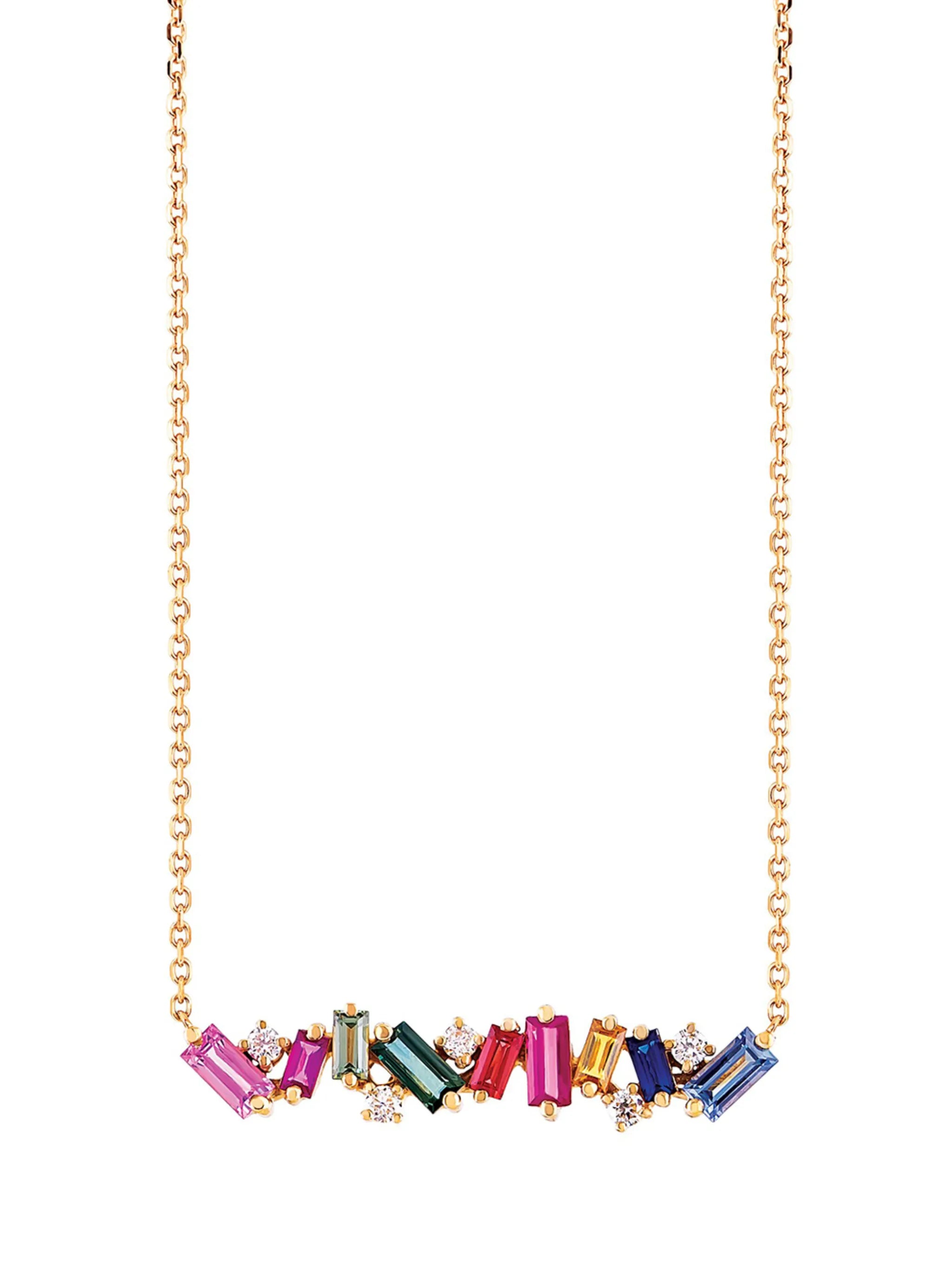 18kt rose gold, rainbow sapphire and diamond bar necklace