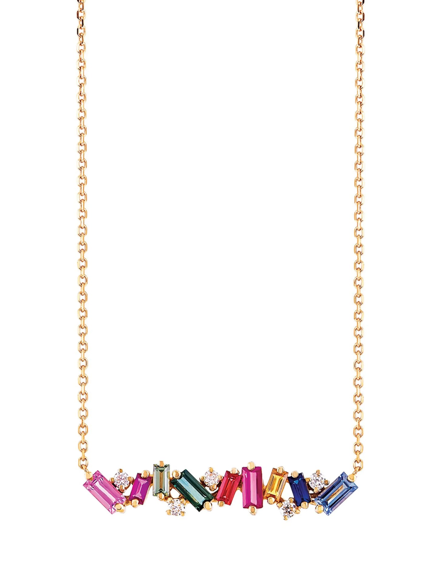 18kt rose gold, rainbow sapphire and diamond bar necklace