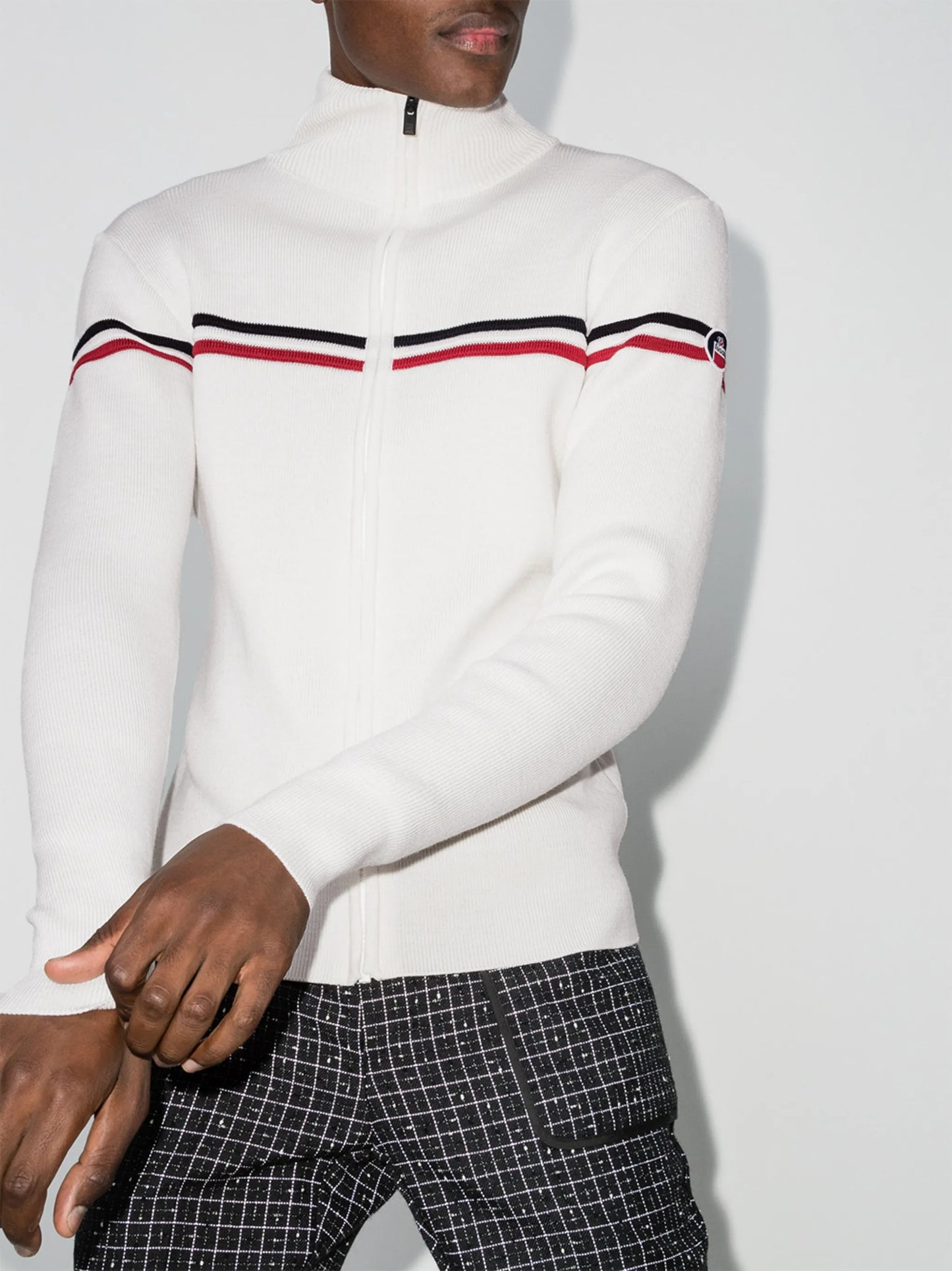 horizontal-stripe zip-up cardigan