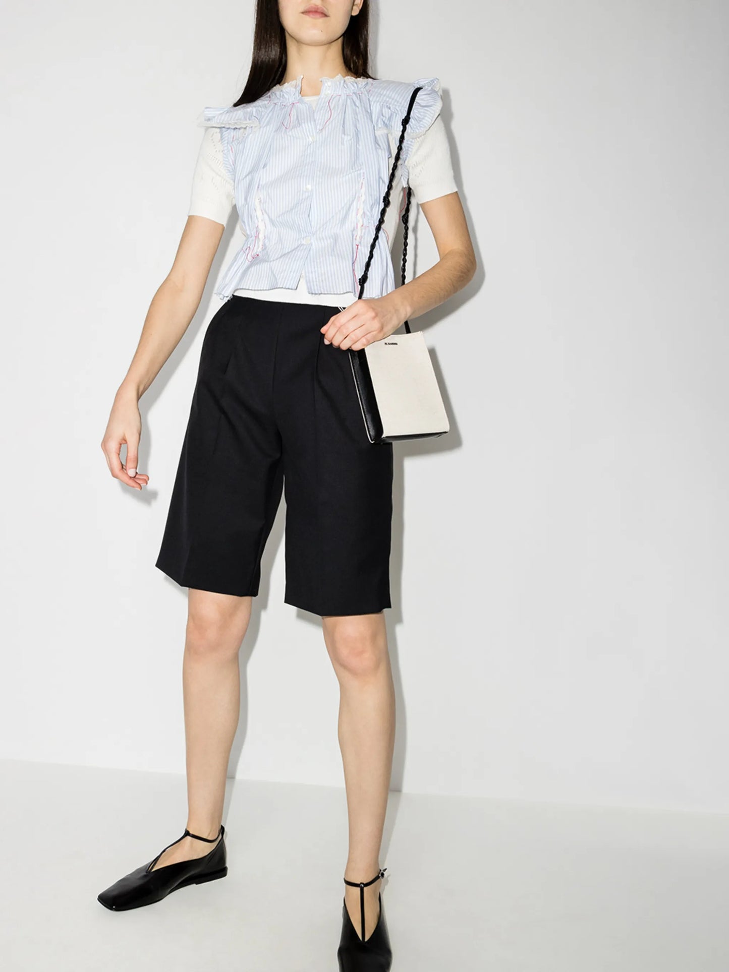 pinstriped ruffled short-sleeve panelled blouse