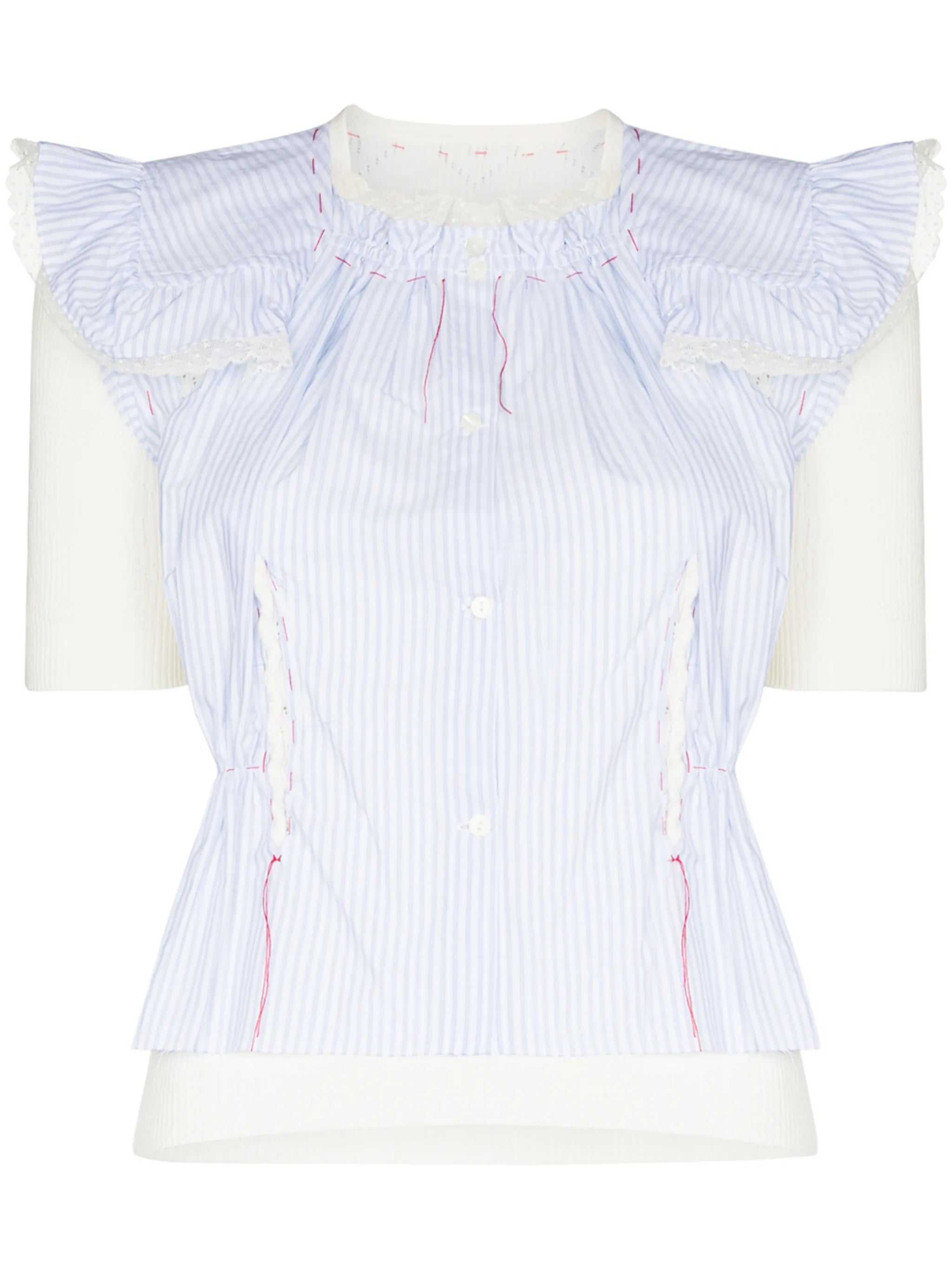 pinstriped ruffled short-sleeve panelled blouse