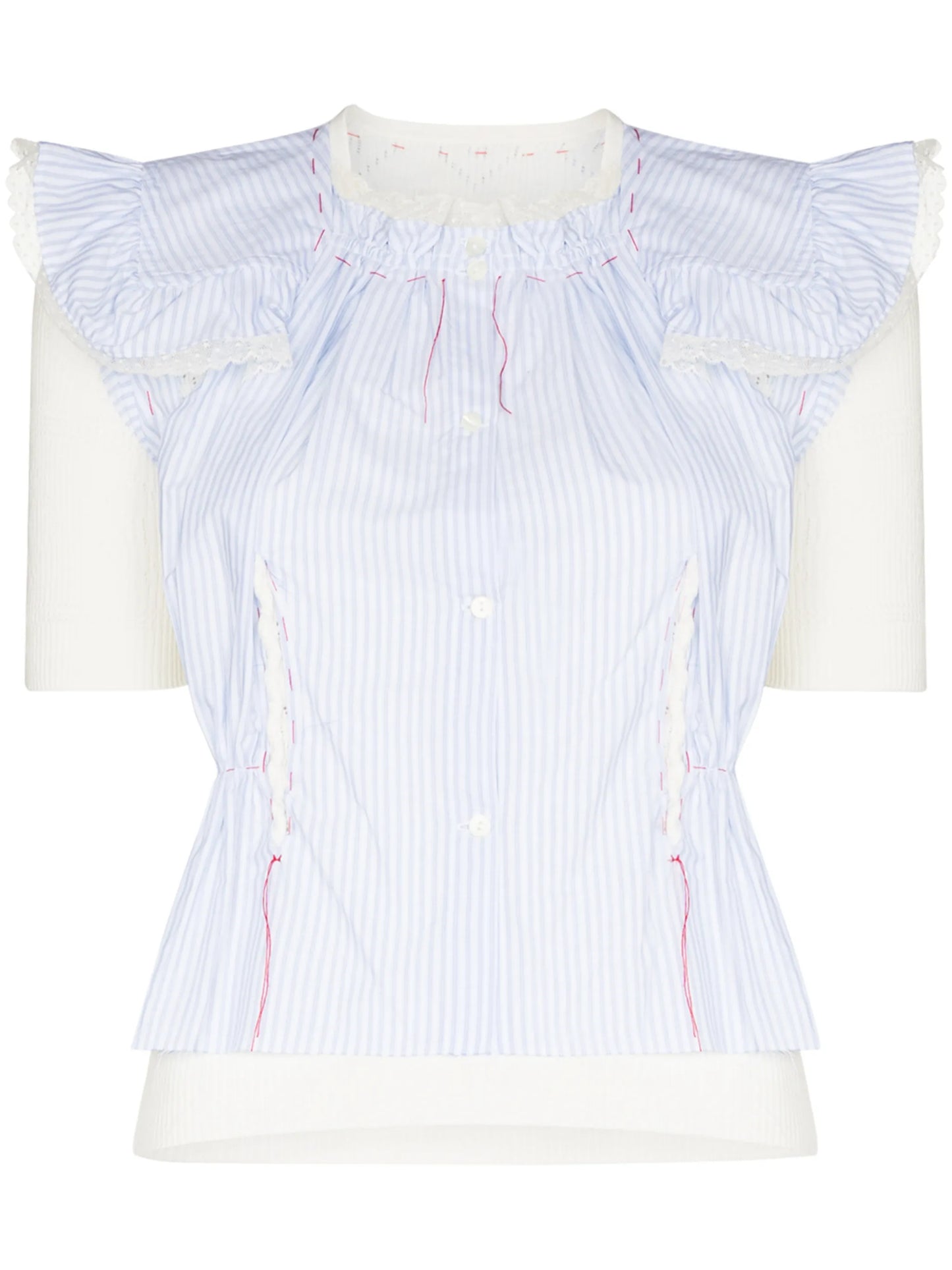 pinstriped ruffled short-sleeve panelled blouse