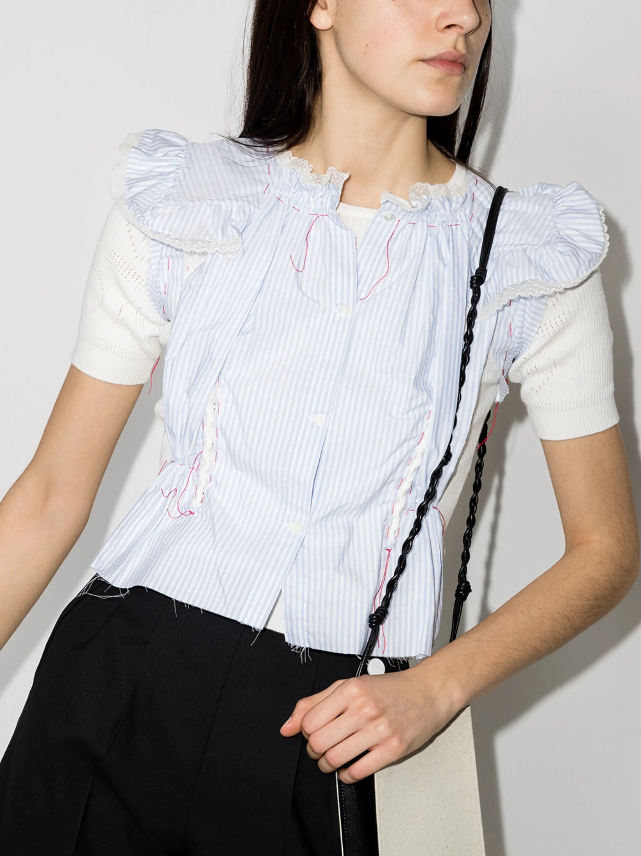 pinstriped ruffled short-sleeve panelled blouse
