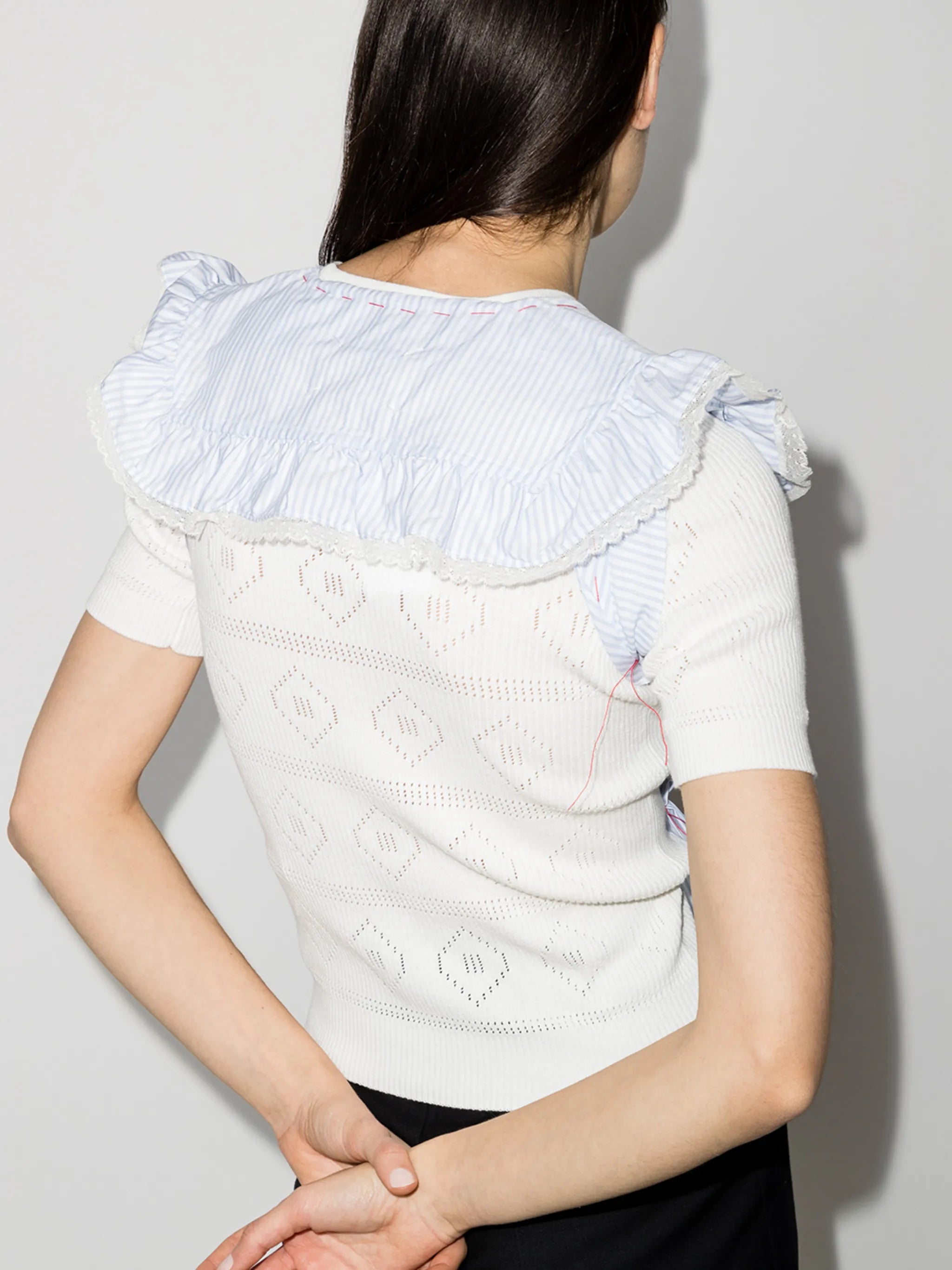 pinstriped ruffled short-sleeve panelled blouse