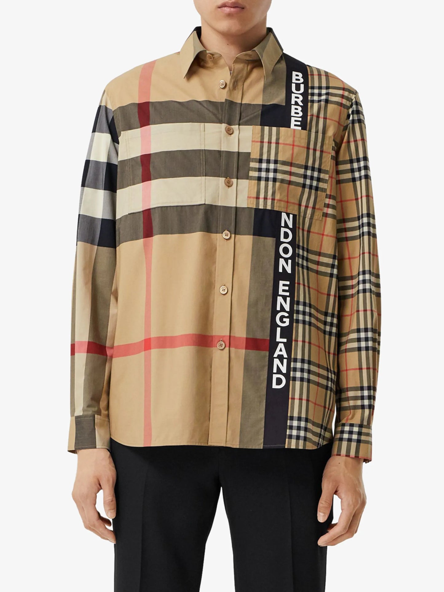 logo print patchwork check shirt
