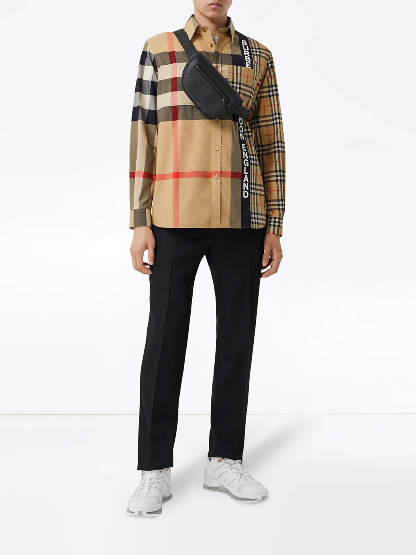 logo print patchwork check shirt