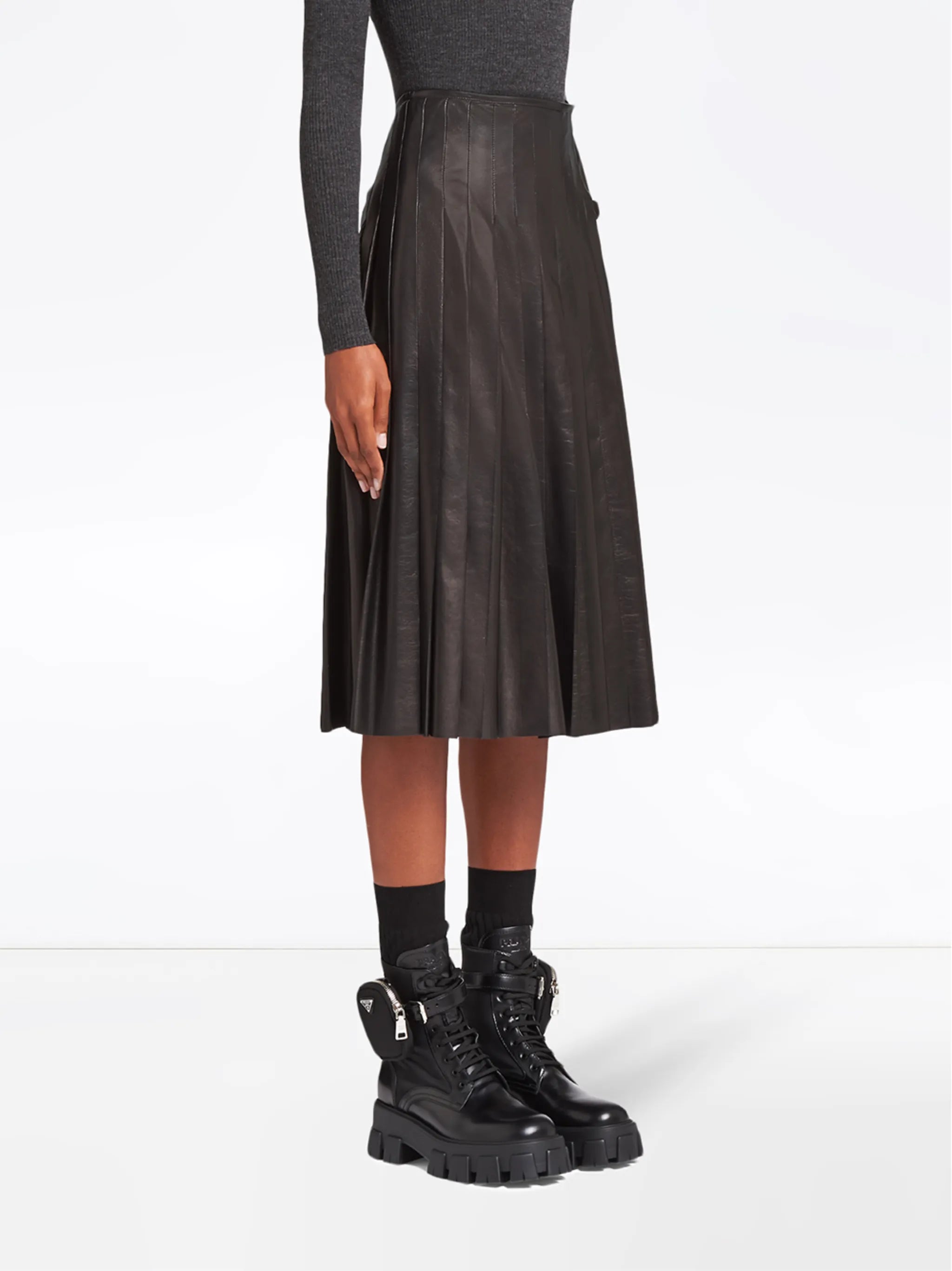 pleated leather midi-skirt