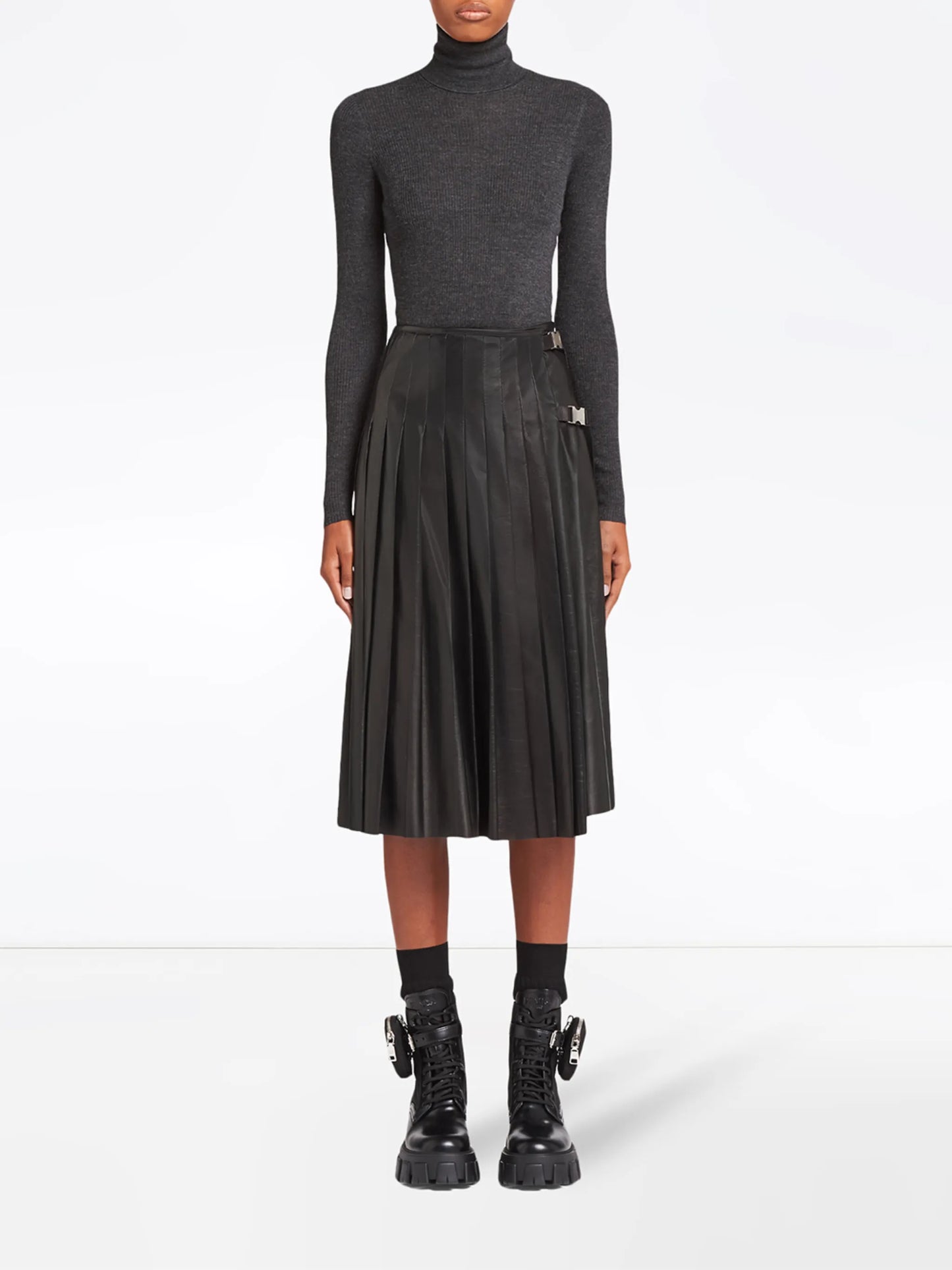 pleated leather midi-skirt