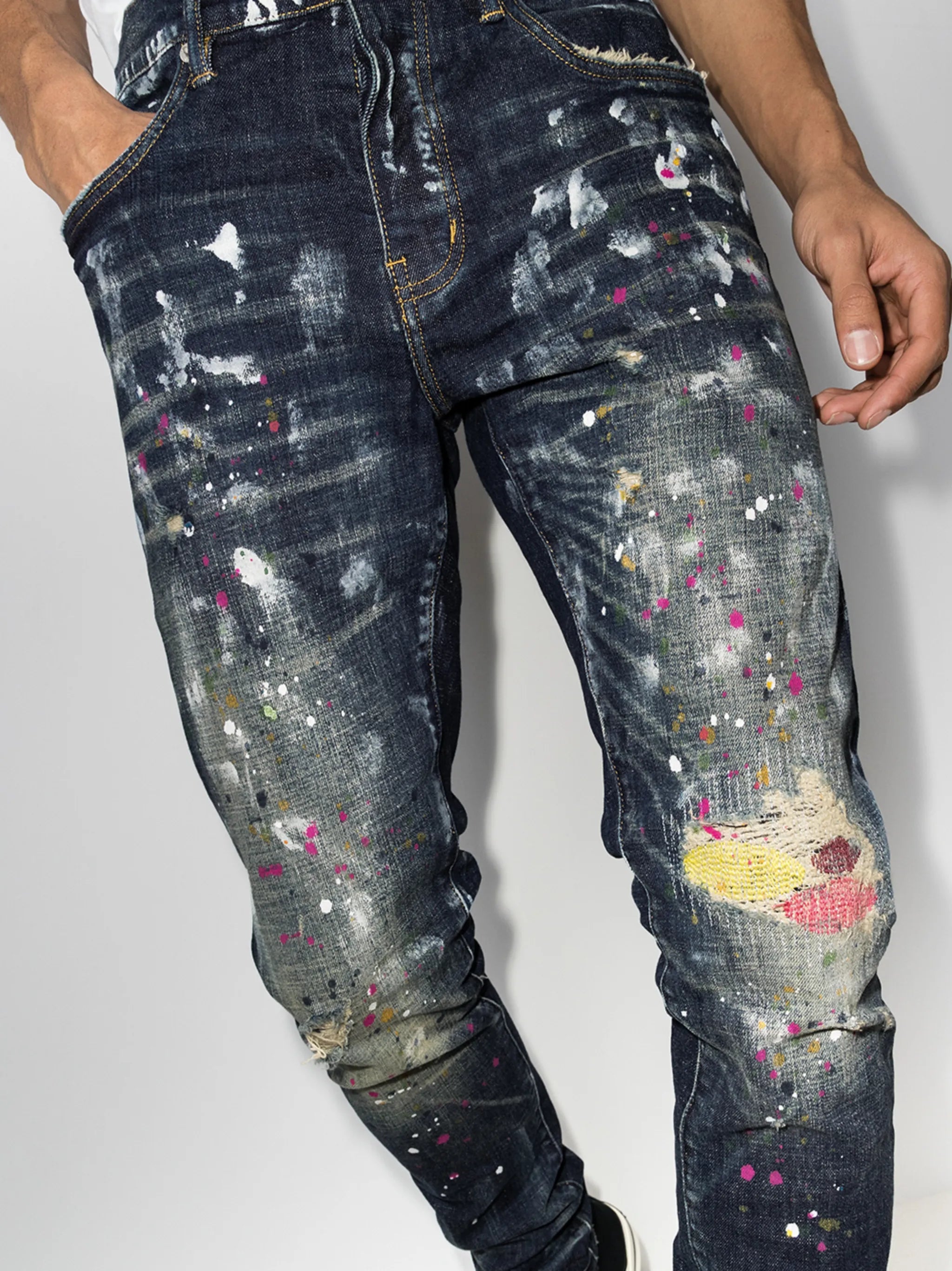 paint splatter distressed jeans