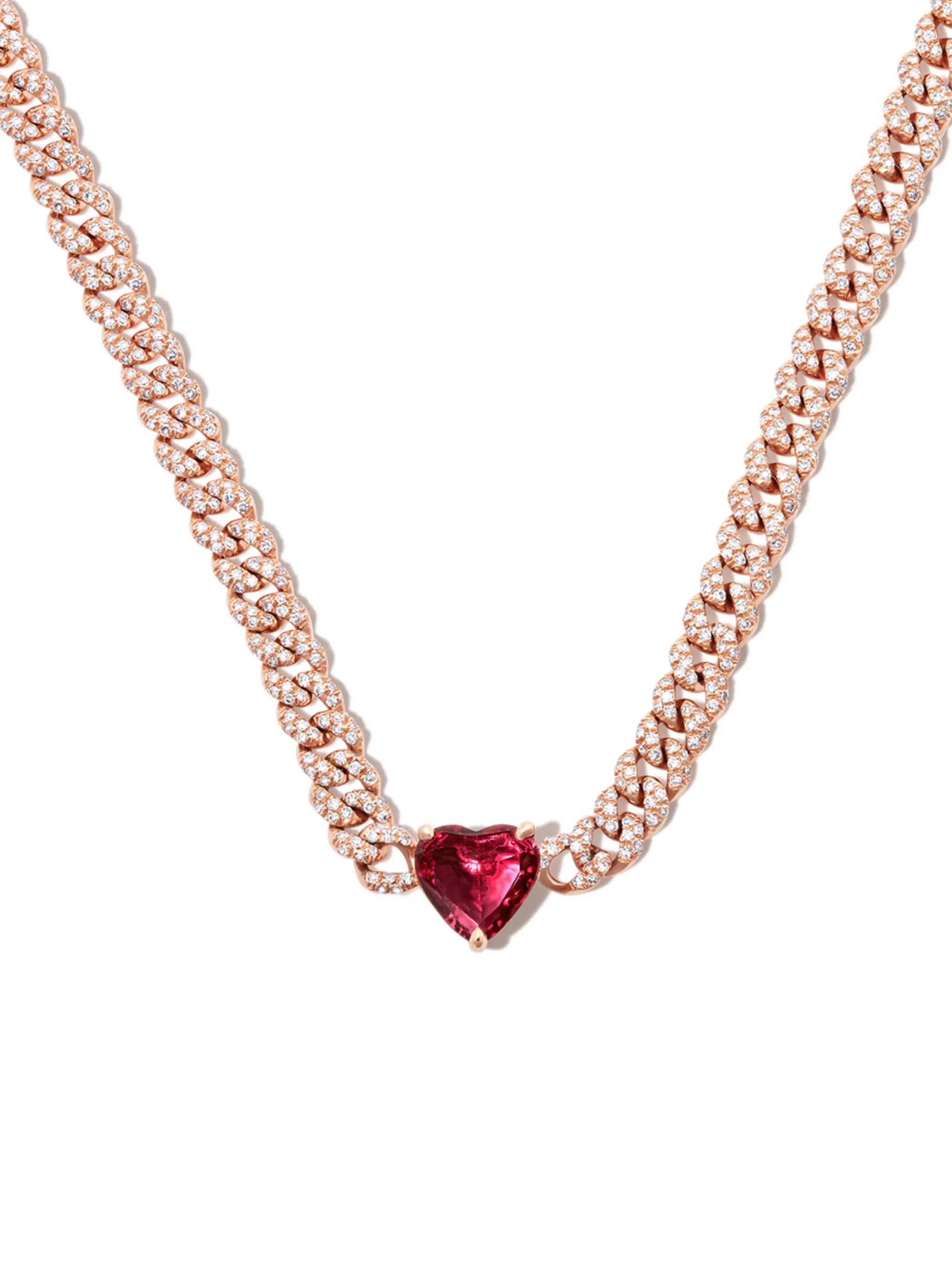 18kt rose gold ruby diamond pavé heart necklace