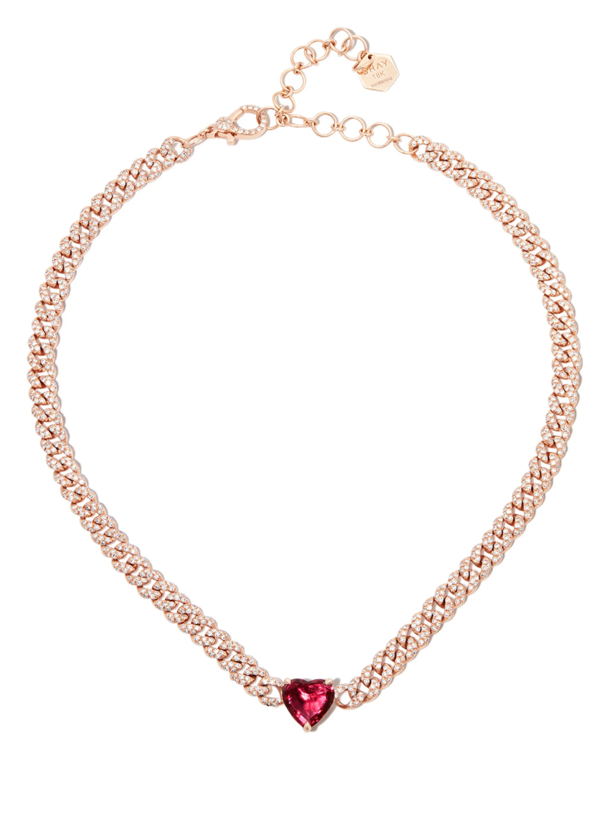 18kt rose gold ruby diamond pavé heart necklace