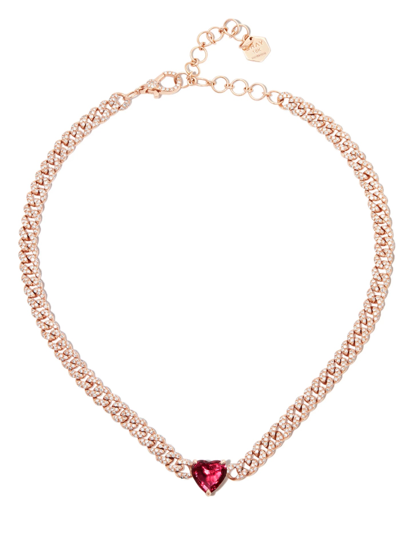 18kt rose gold ruby diamond pavé heart necklace