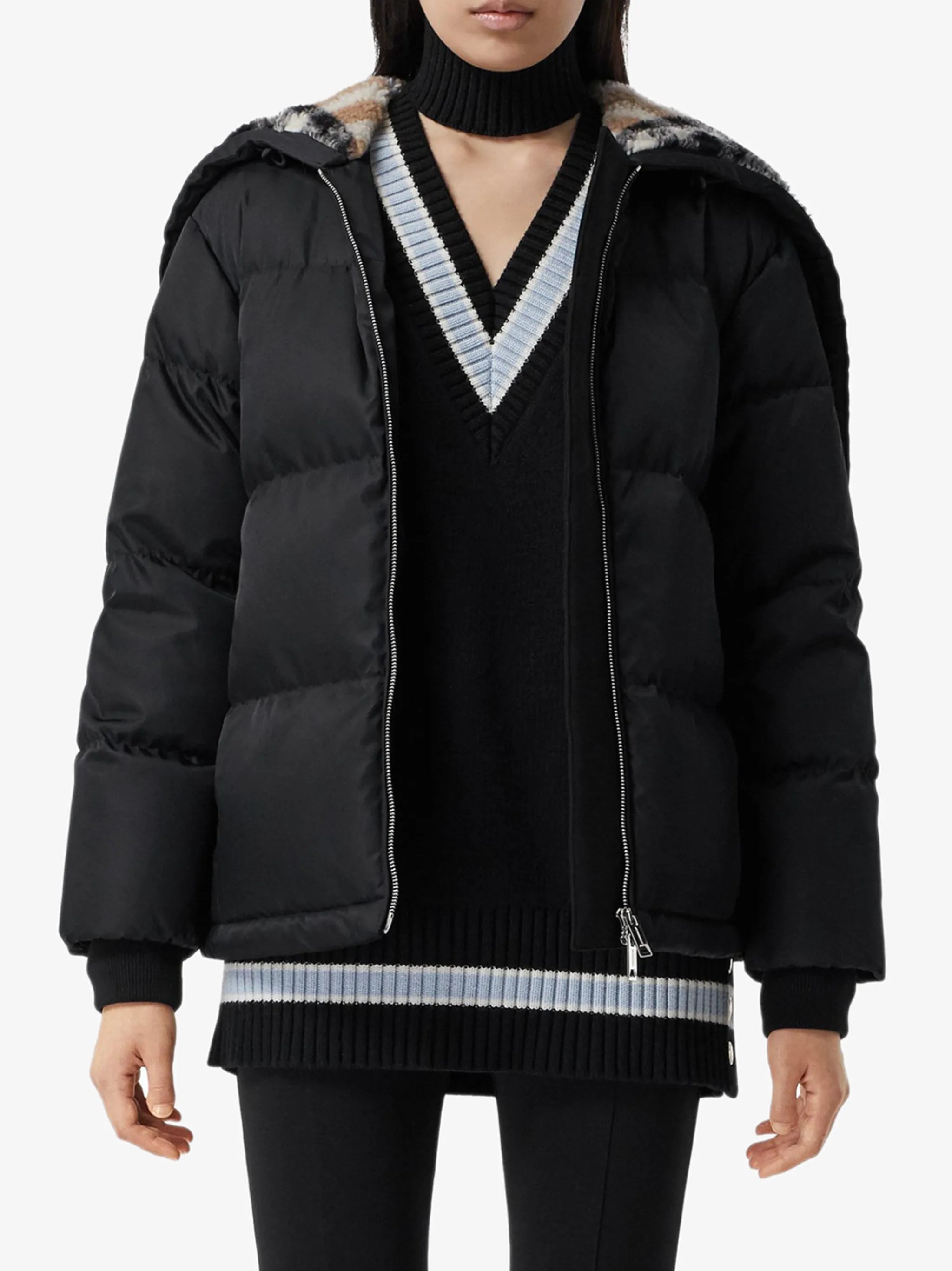 check fleece-lined puffer jacket