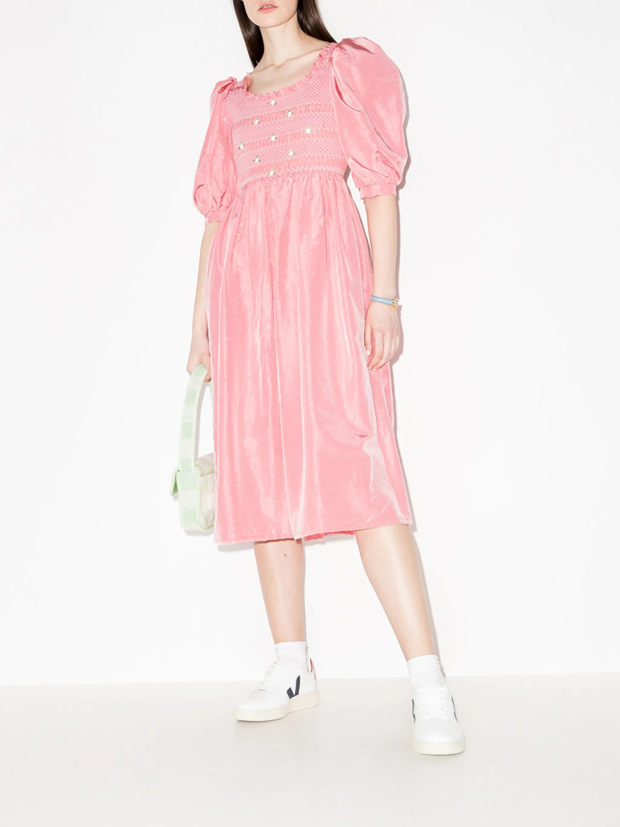 floral-embroidery puff-sleeve midi dress
