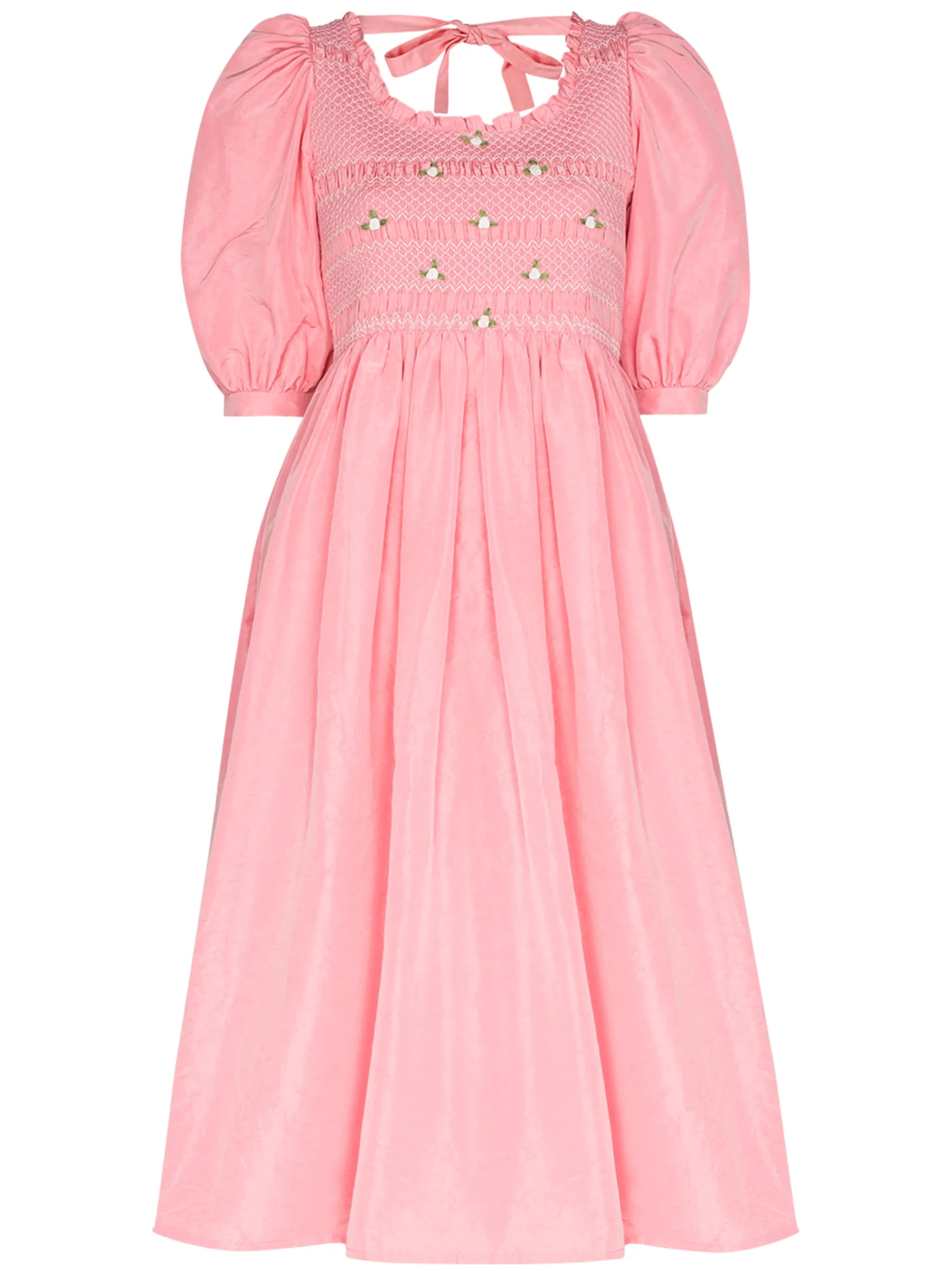 floral-embroidery puff-sleeve midi dress