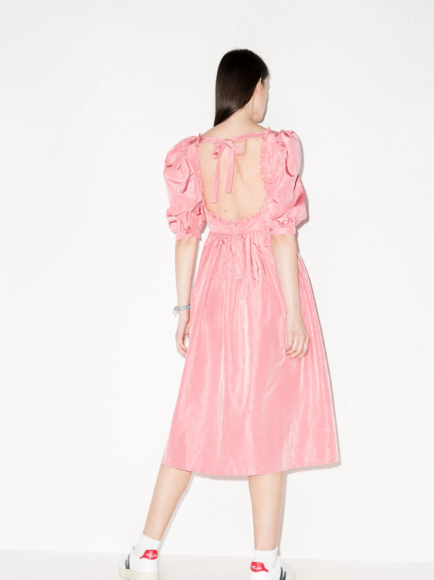 floral-embroidery puff-sleeve midi dress