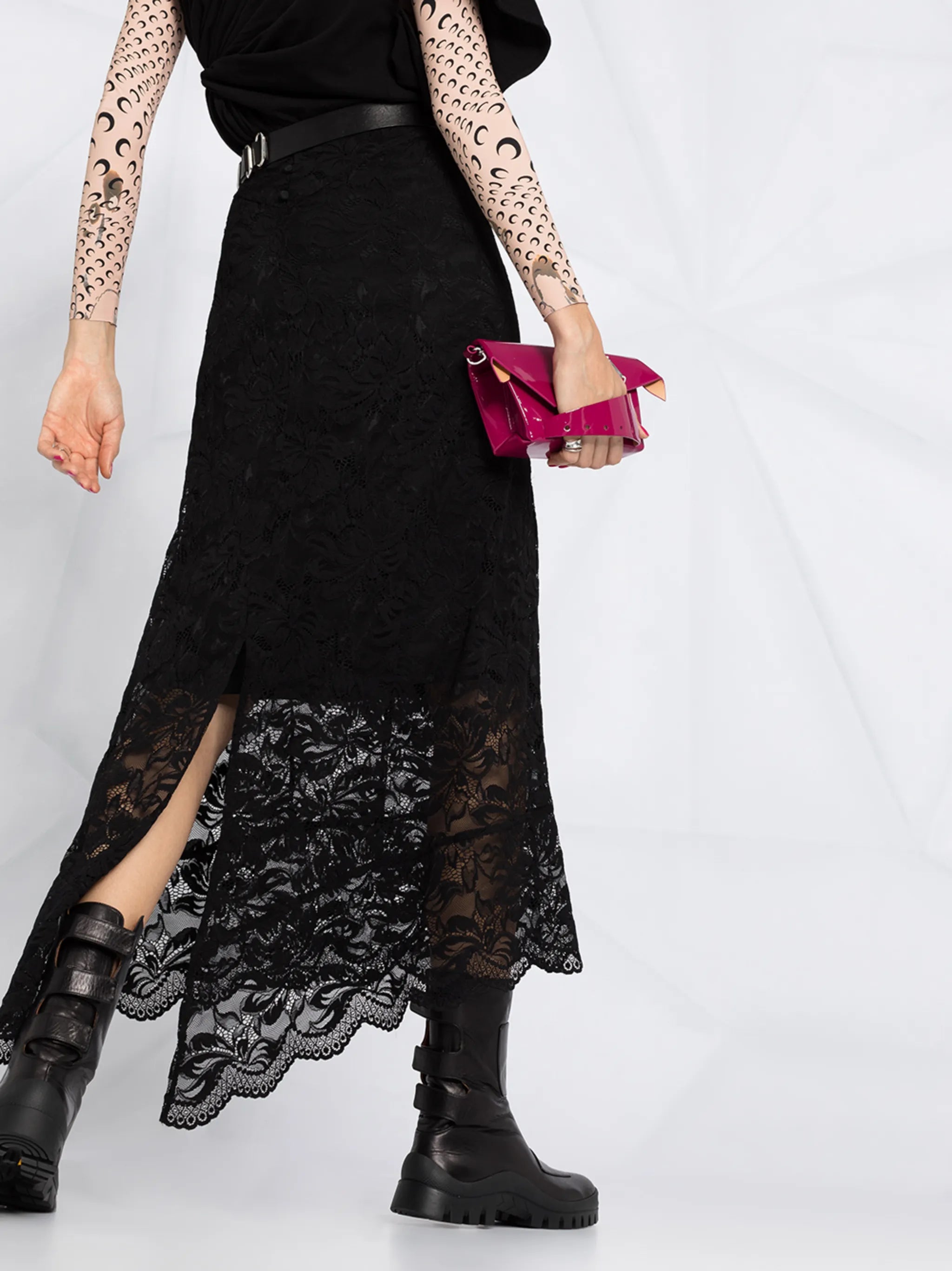 split-hem lace midi skirt