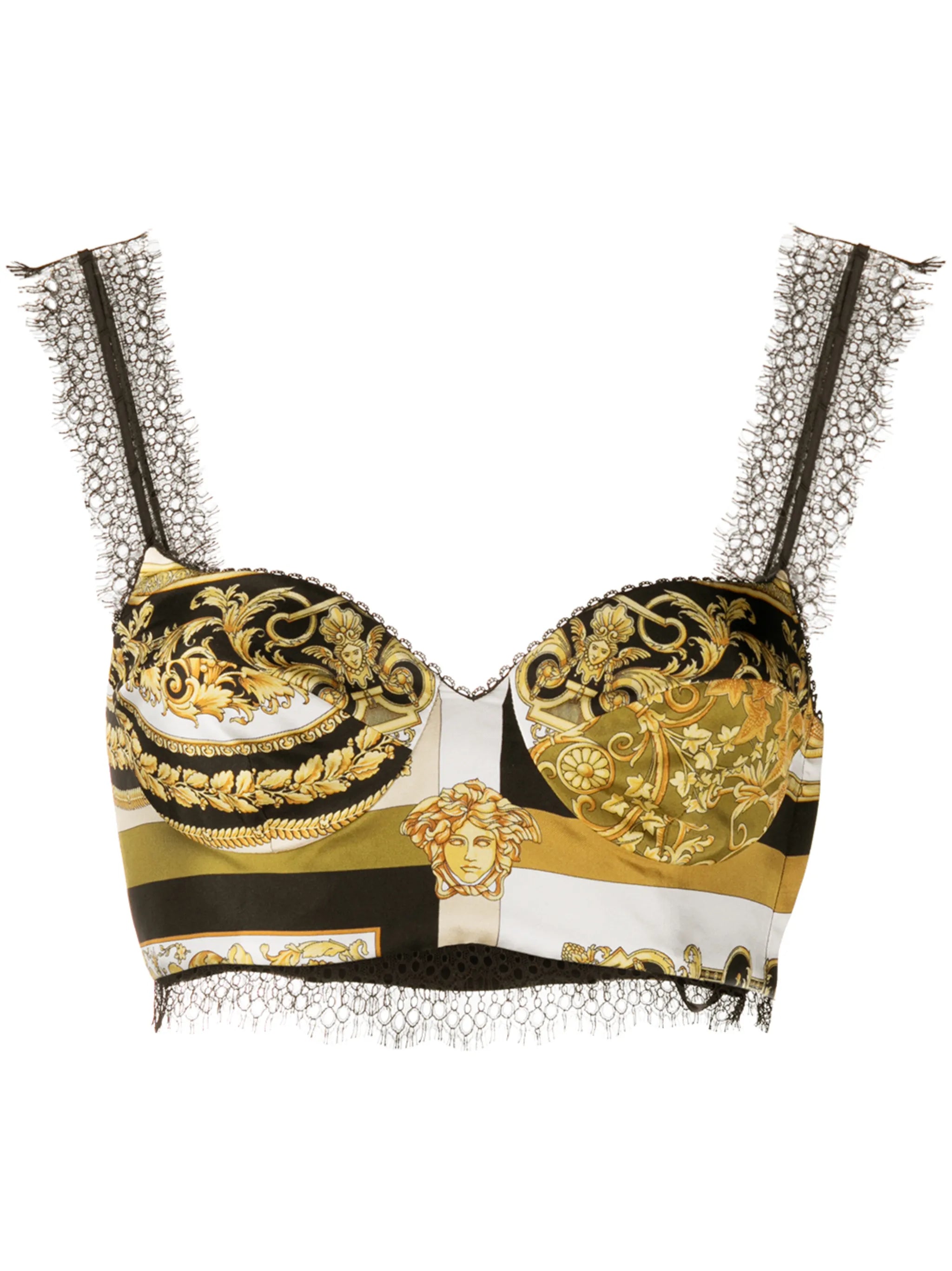 printed lace-detail bralette