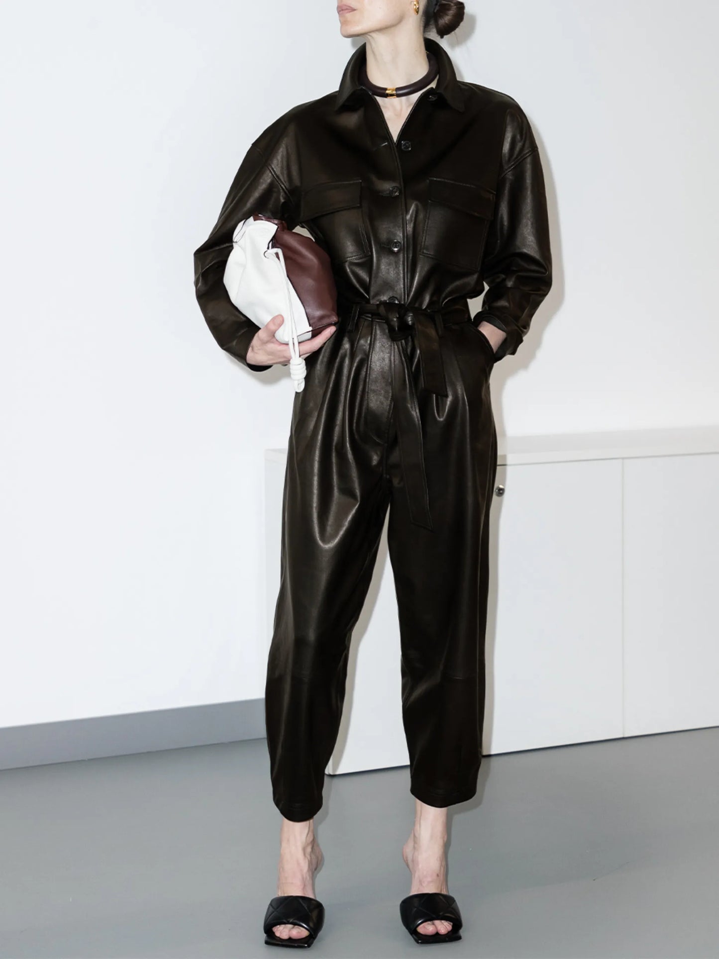 tied waist lambskin jumpsuit