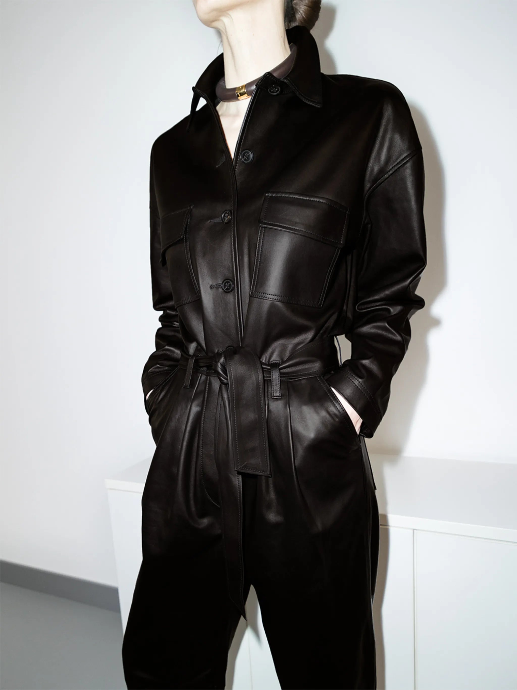 tied waist lambskin jumpsuit