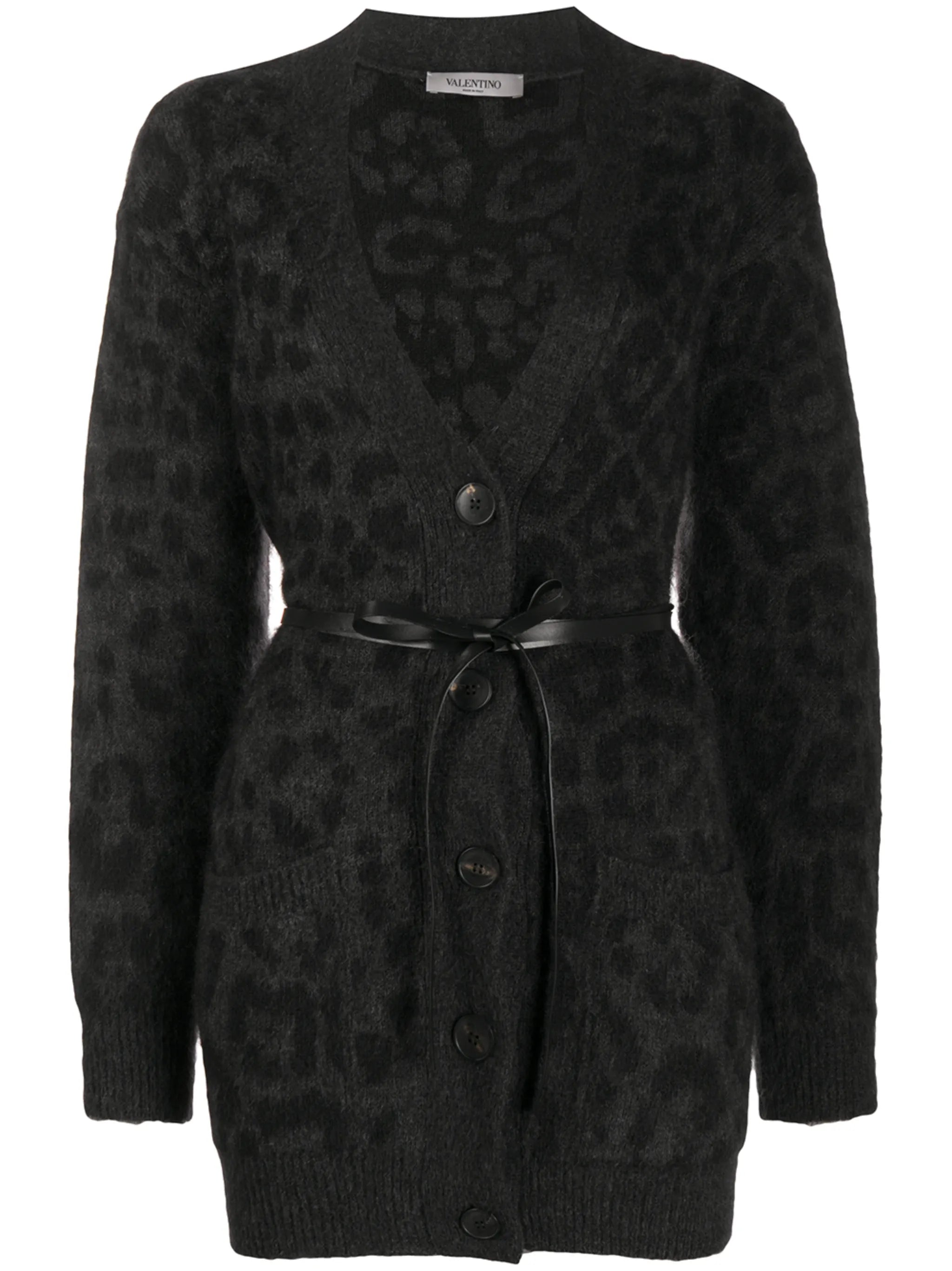 leopard pattern belted V-neck cardigan