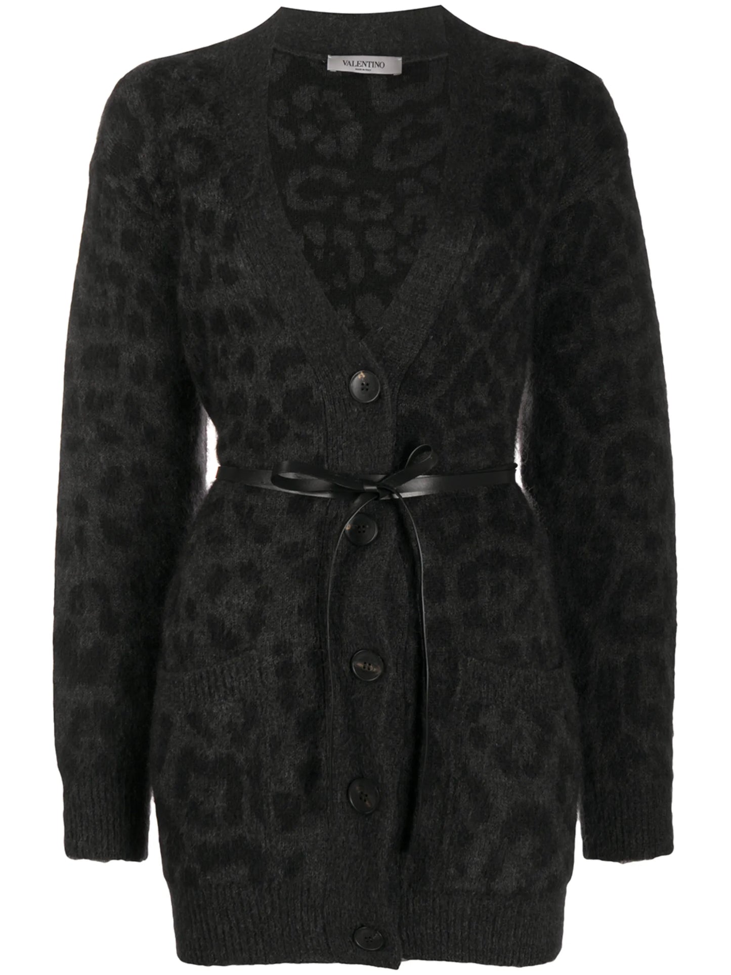 leopard pattern belted V-neck cardigan