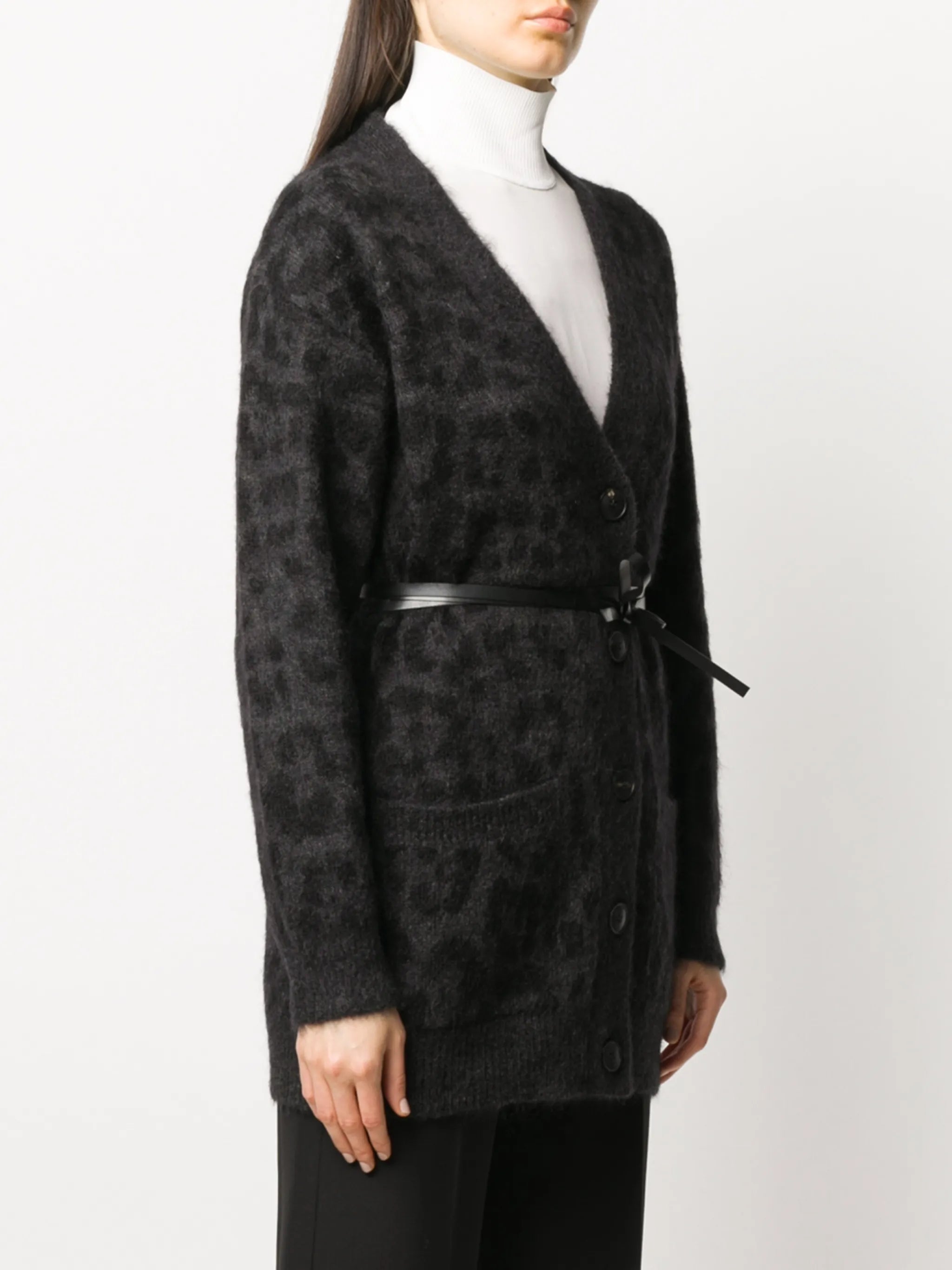 leopard pattern belted V-neck cardigan