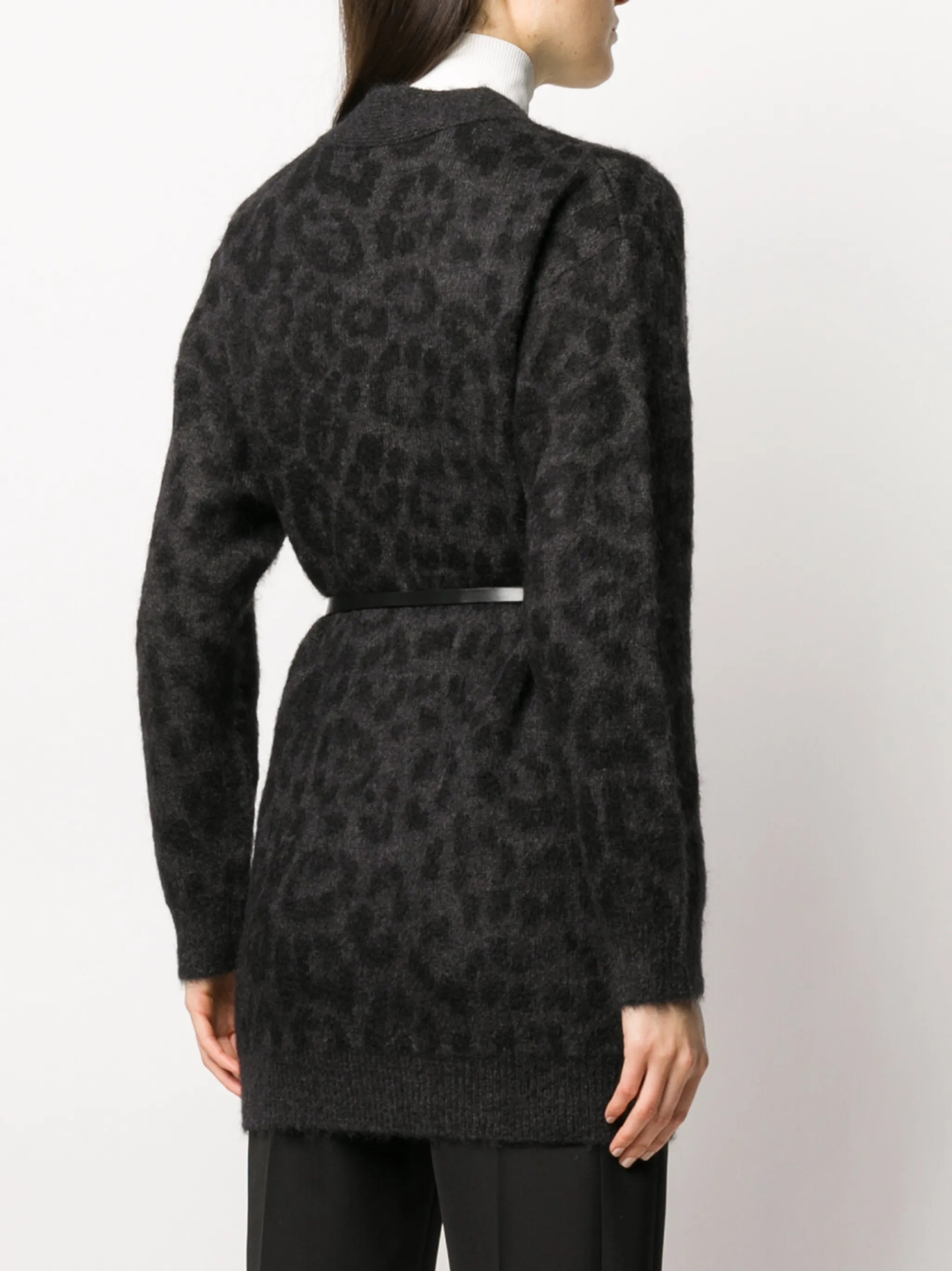 leopard pattern belted V-neck cardigan