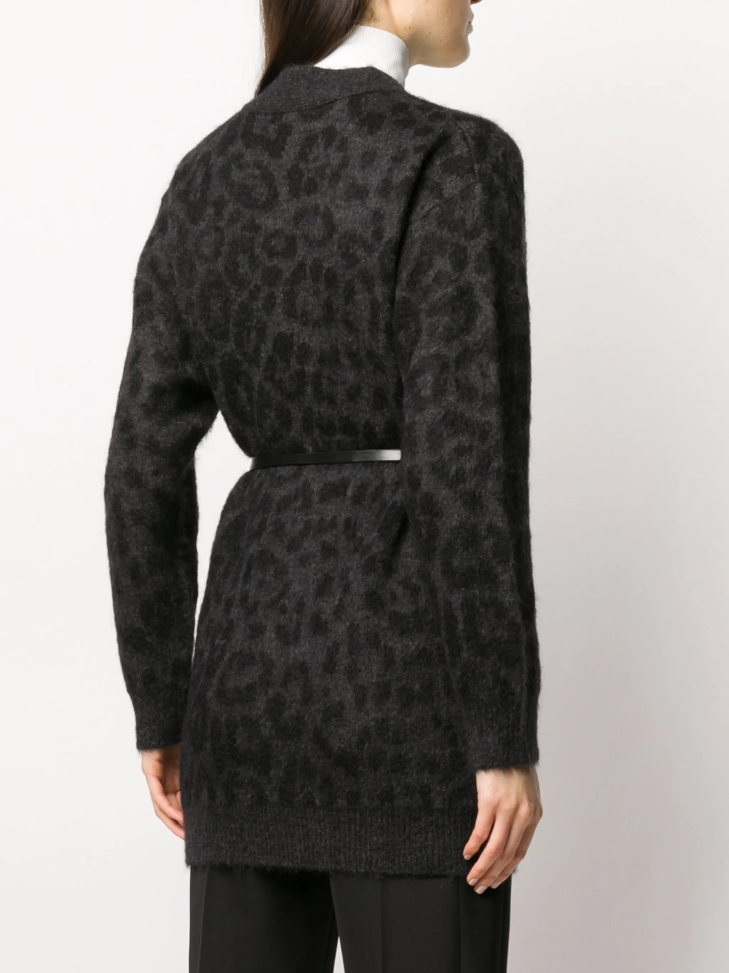 leopard pattern belted V-neck cardigan