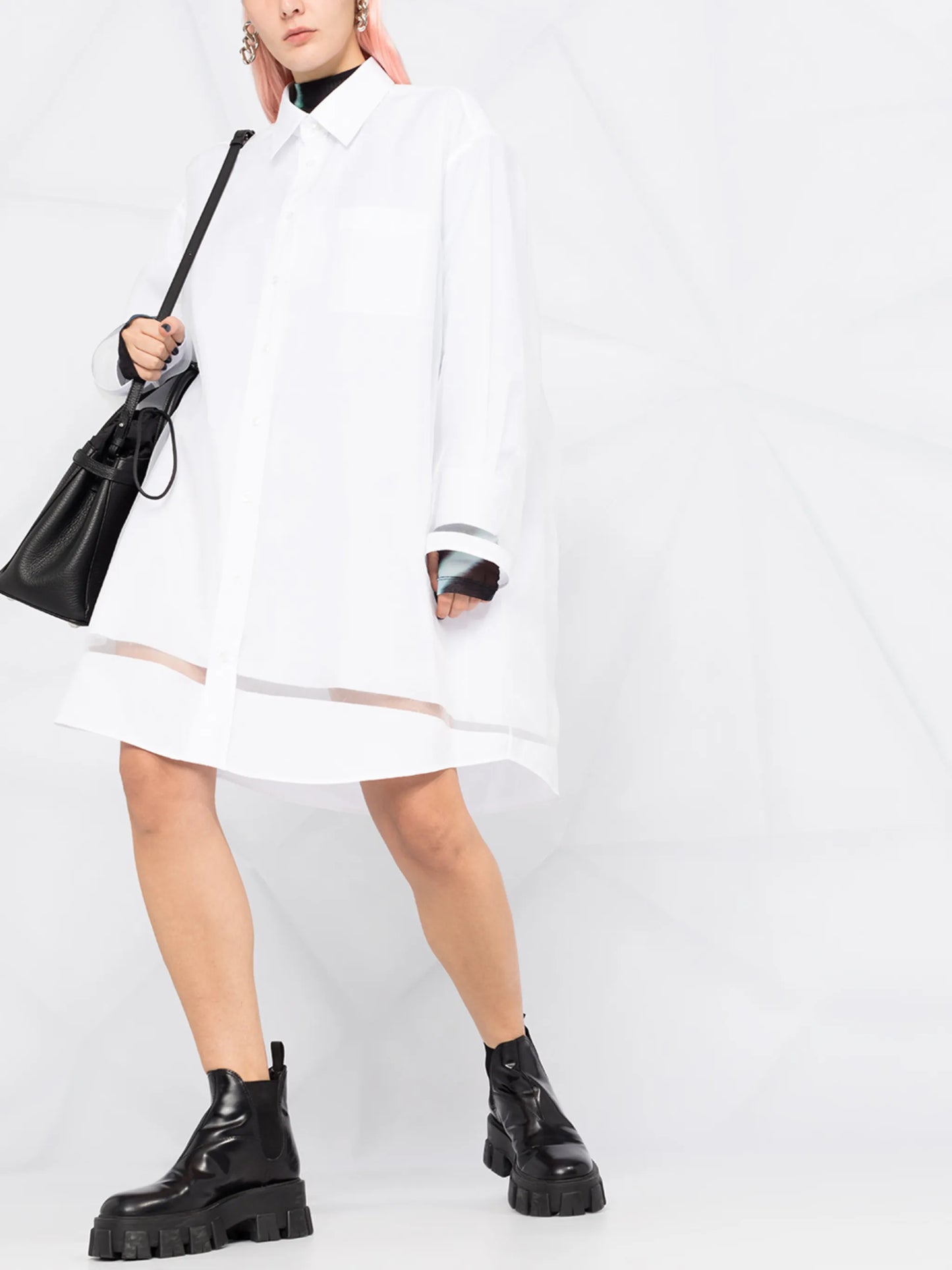 sheer-panel shirt dress