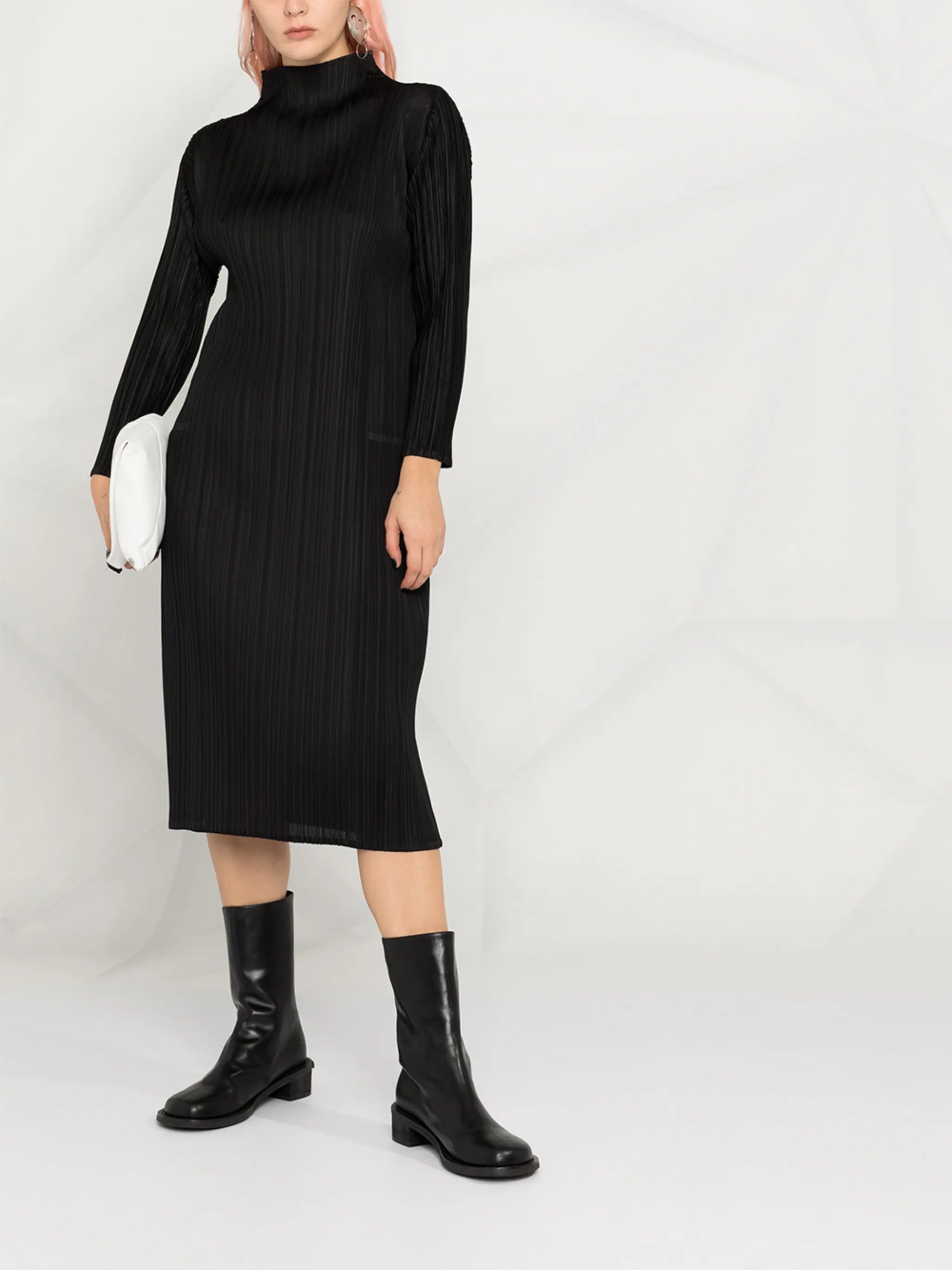 high-neck pleated dress