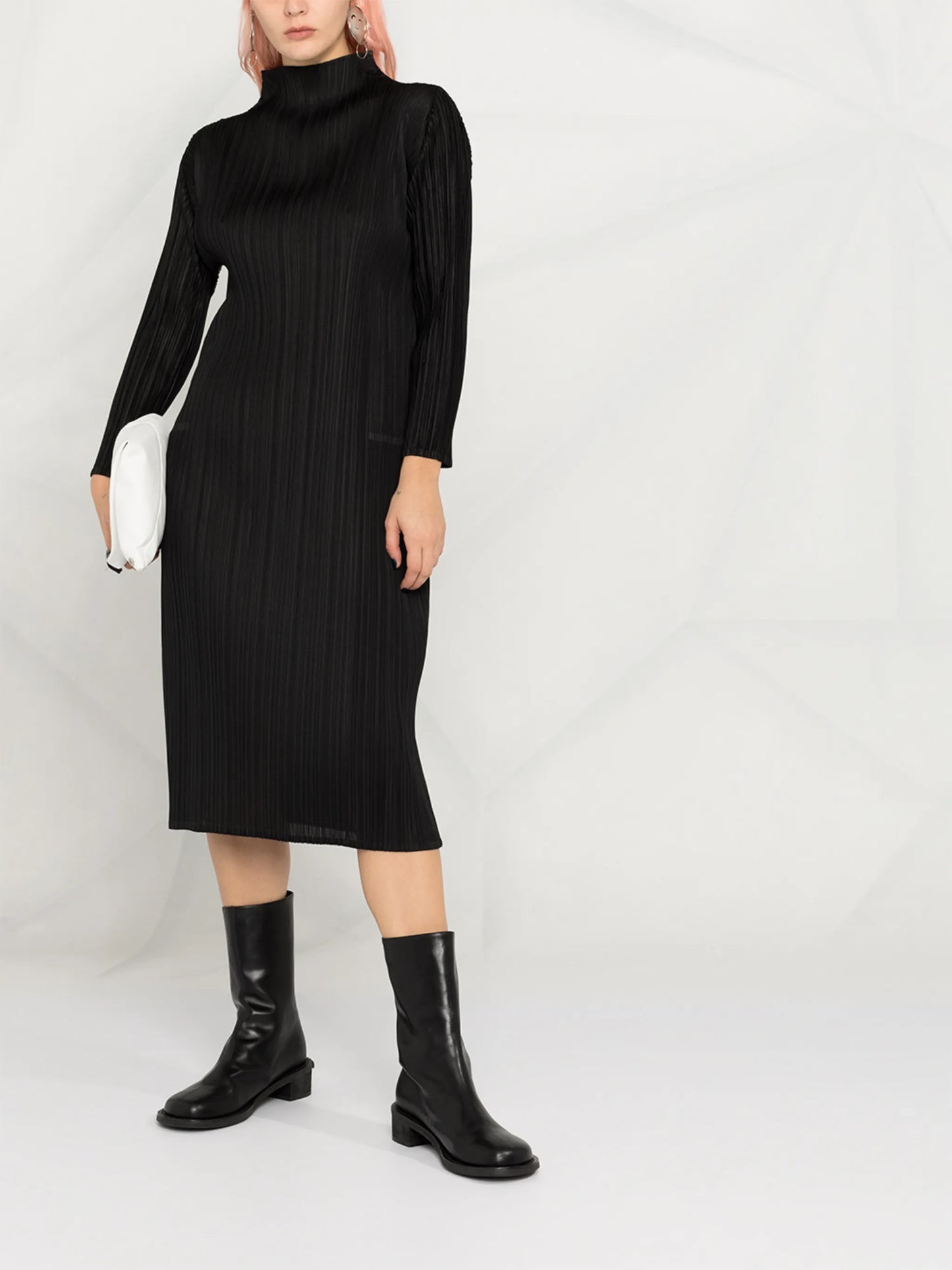 high-neck pleated dress