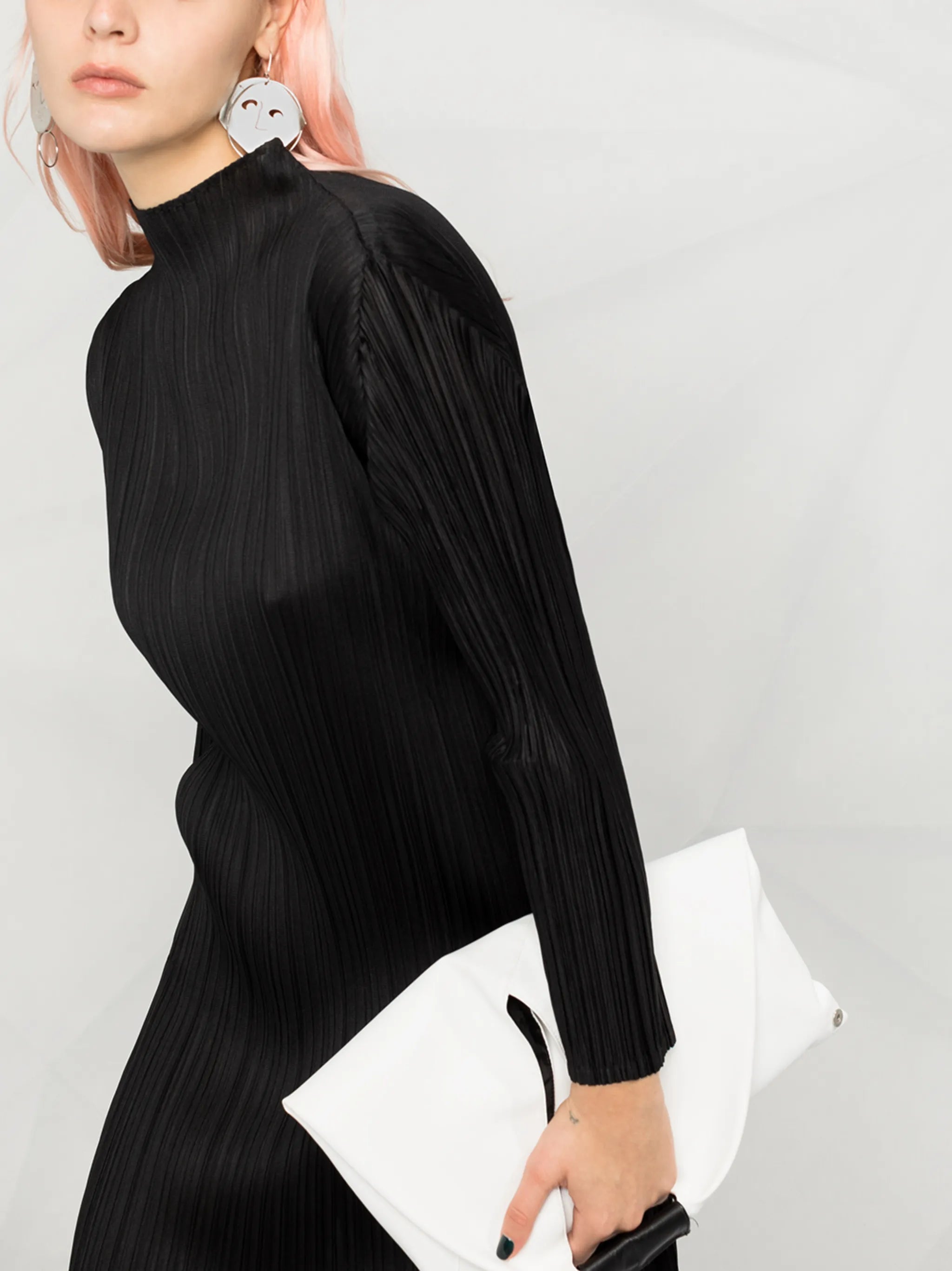 high-neck pleated dress