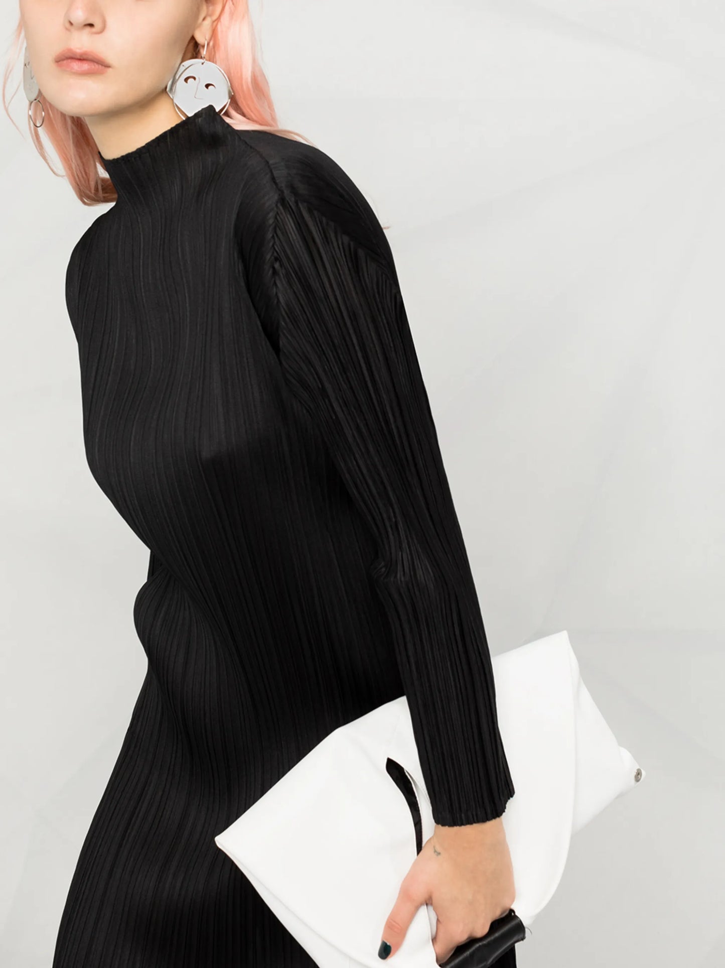 high-neck pleated dress