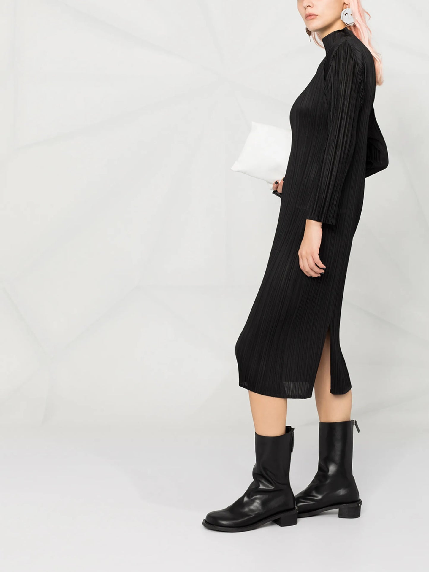 high-neck pleated dress