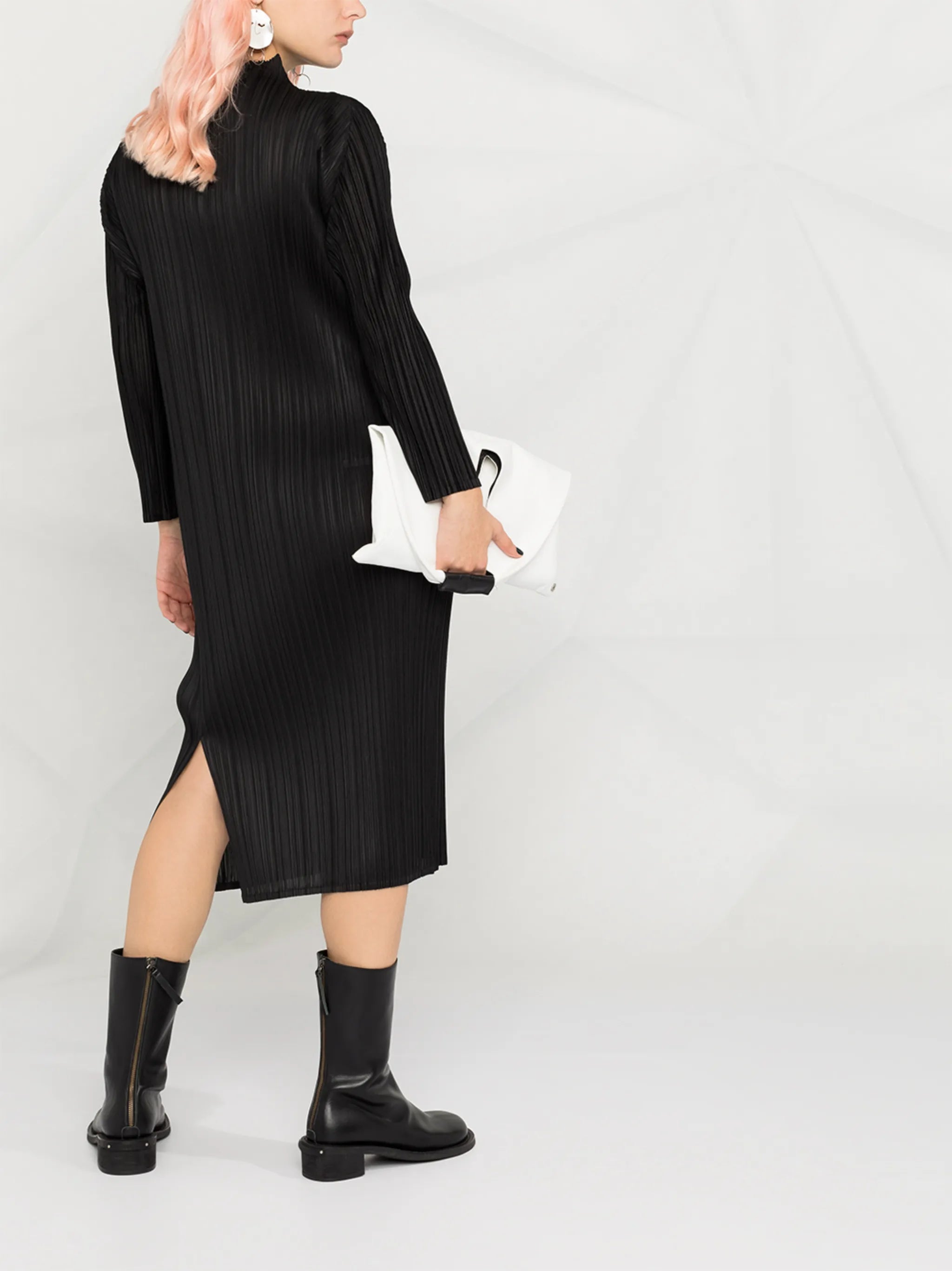 high-neck pleated dress
