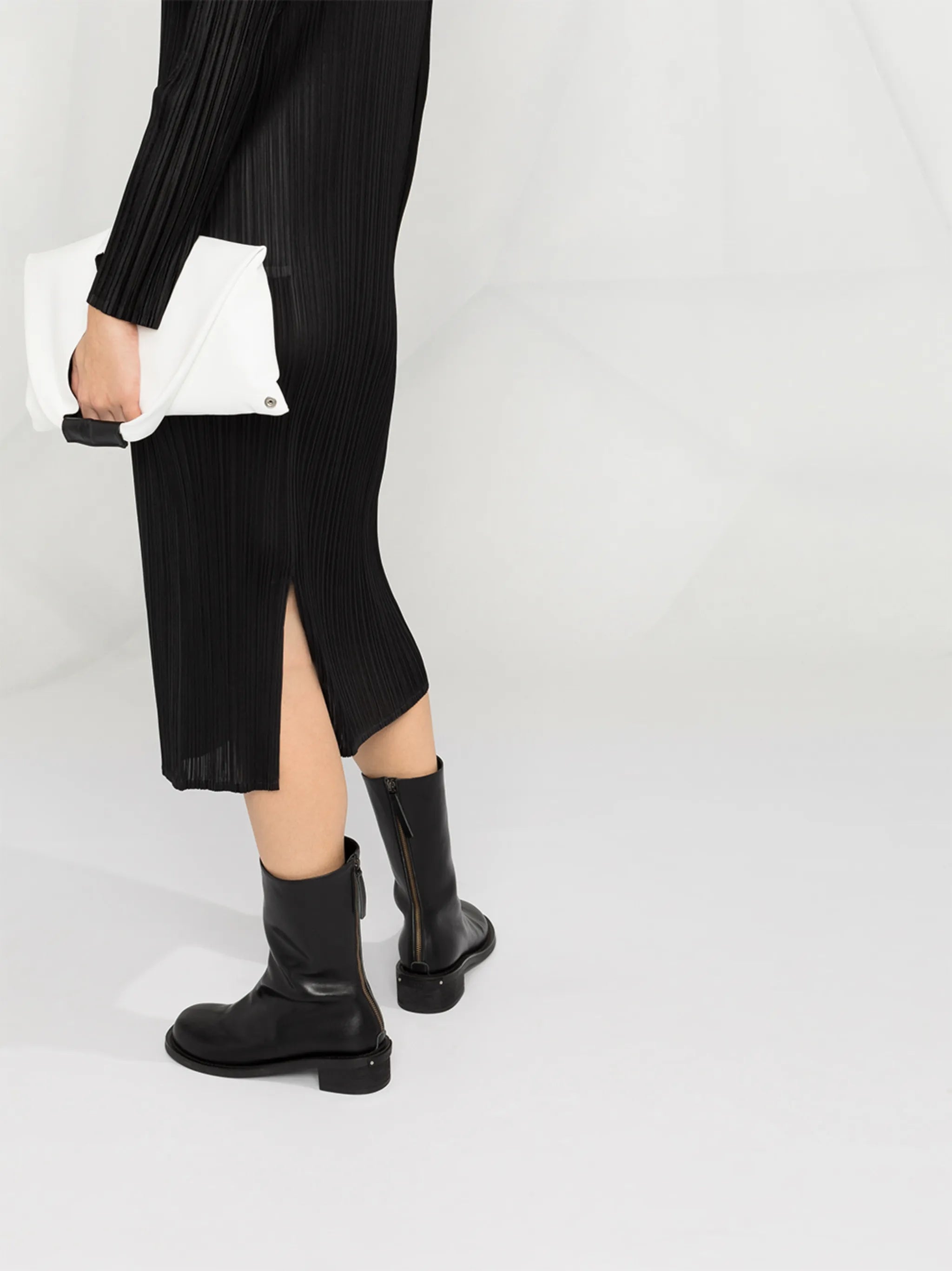 high-neck pleated dress