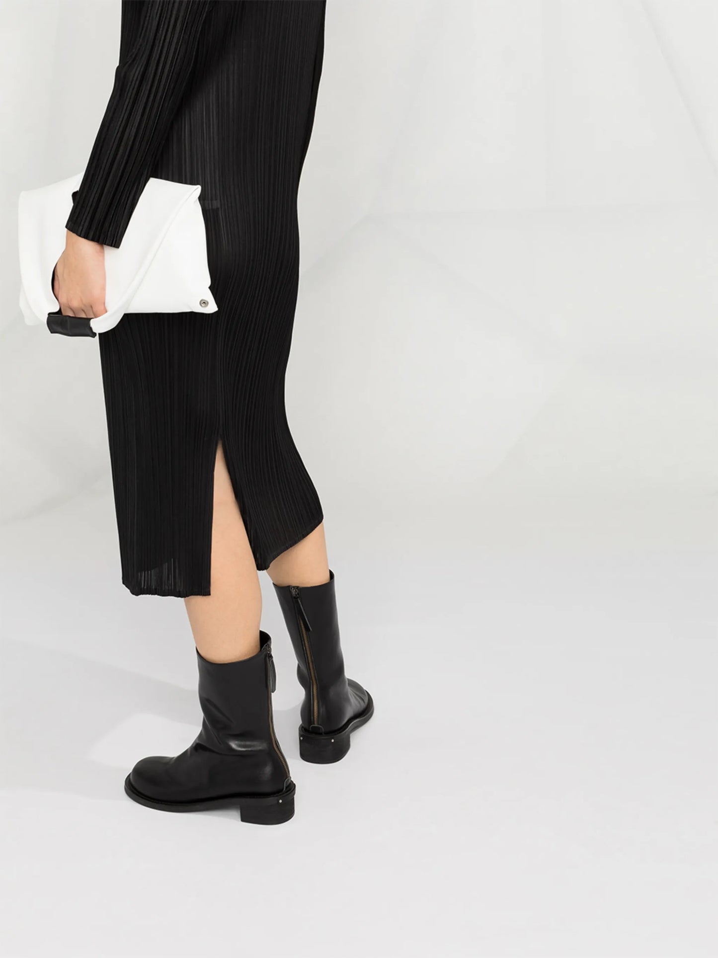 high-neck pleated dress